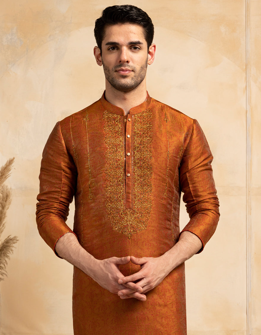 Blended Rust Special Kurta by J. Junaid Jamshed - Stylish Pakistani Traditional Wear for Men - Perfect for Eid, Weddings & Cultural Events
