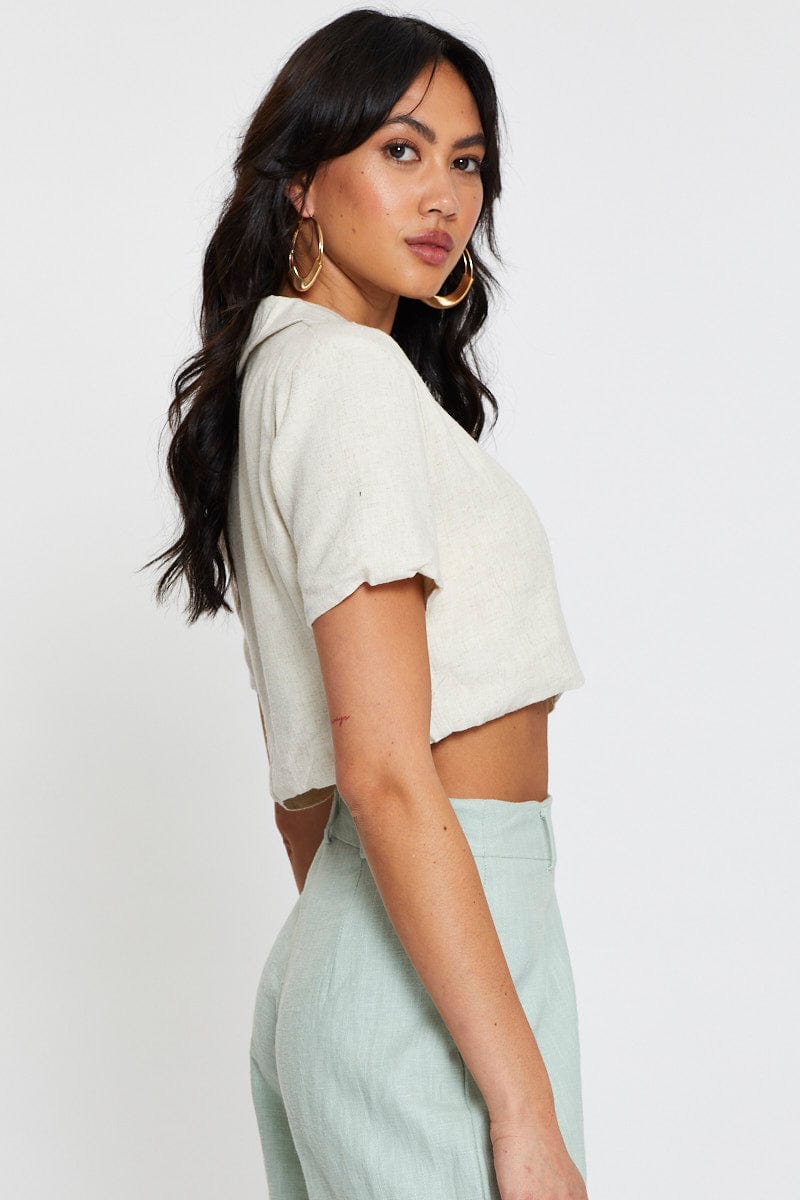 Beige Crop Jacket Women's Short Sleeve Collared Shirt - Casual Spring Summer Outfit for Streetwear & Date Night