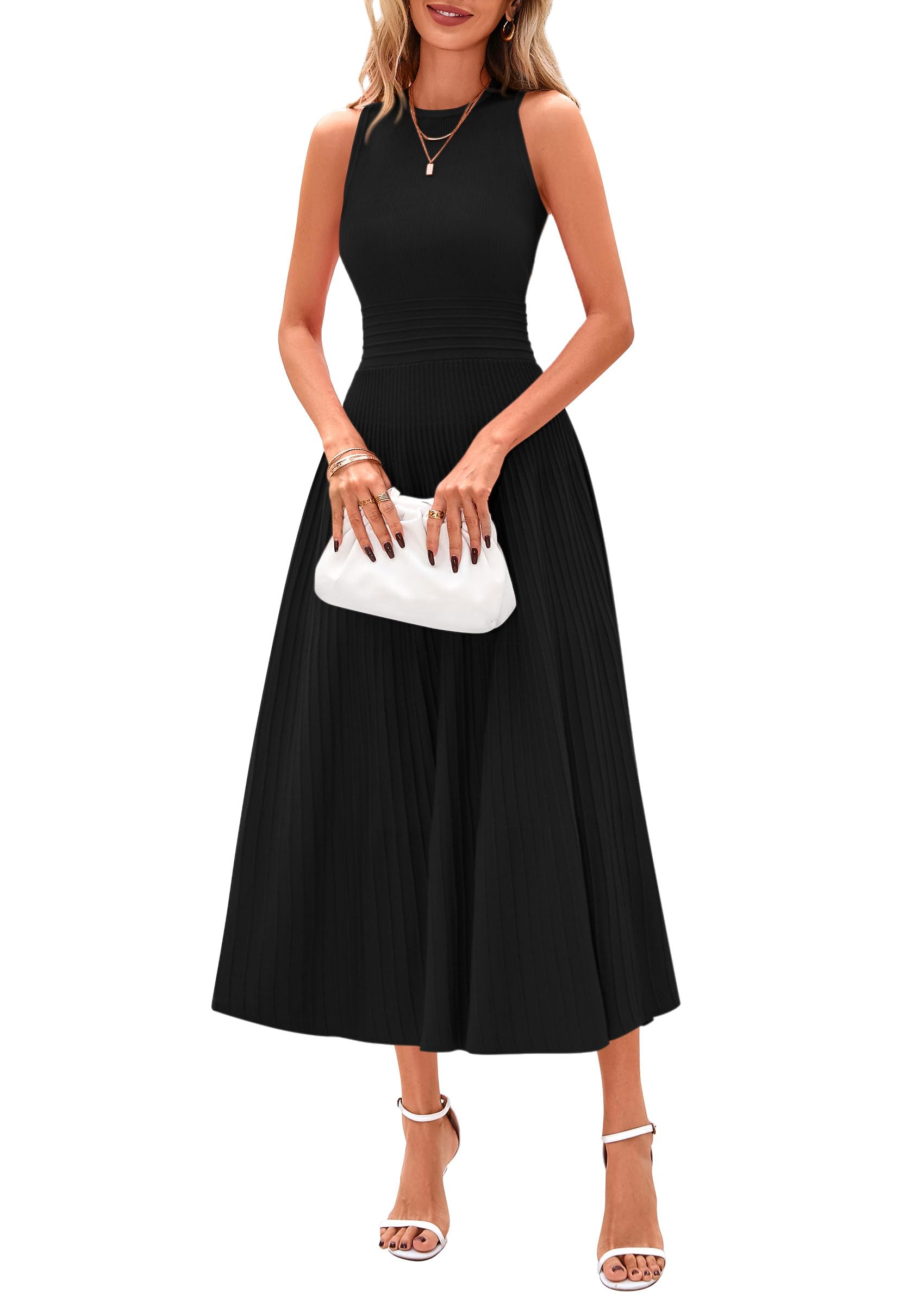 PRETTYGARDEN Women's Spring Summer Casual Business Dress 2025 - Sleeveless A-Line Pleated Midi Cocktail Dress for Work, Office & Party Wear | Perfect for Business Meetings, Cocktail Events & Summer Outings