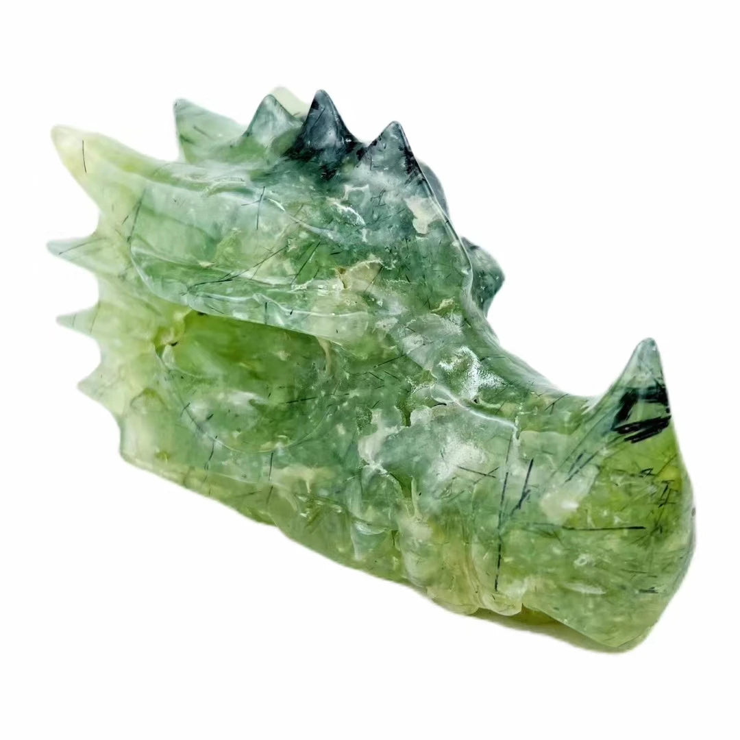Handcrafted Natural Prehnite Crystal Dragon Skull Carving Sculpture - Real Gemstone Animal Skull Art for Home Decor, Gift & Meditation Space