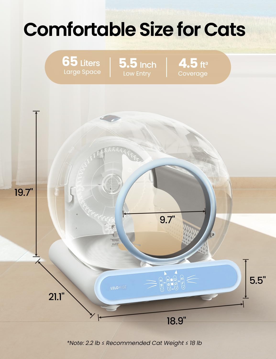 Self-Cleaning Litter Box for Multiple Cats - 65L+9L Automatic Cat Litter Box with App Control, Odor Removal, Safety Features & Includes Mat + 3 Roll Liners (Blue) - Perfect for Busy Pet Owners & Multi-Cat Households