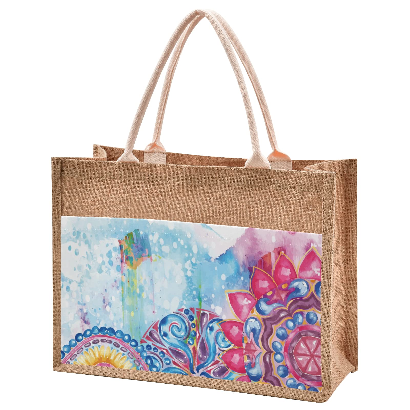 Eco-Friendly Watercolor Floral Print Jute Tote Bag for Women - Large Capacity Reusable Grocery Shopping Bag (4 Sizes) - Perfect for Beach, Market & Everyday Use
