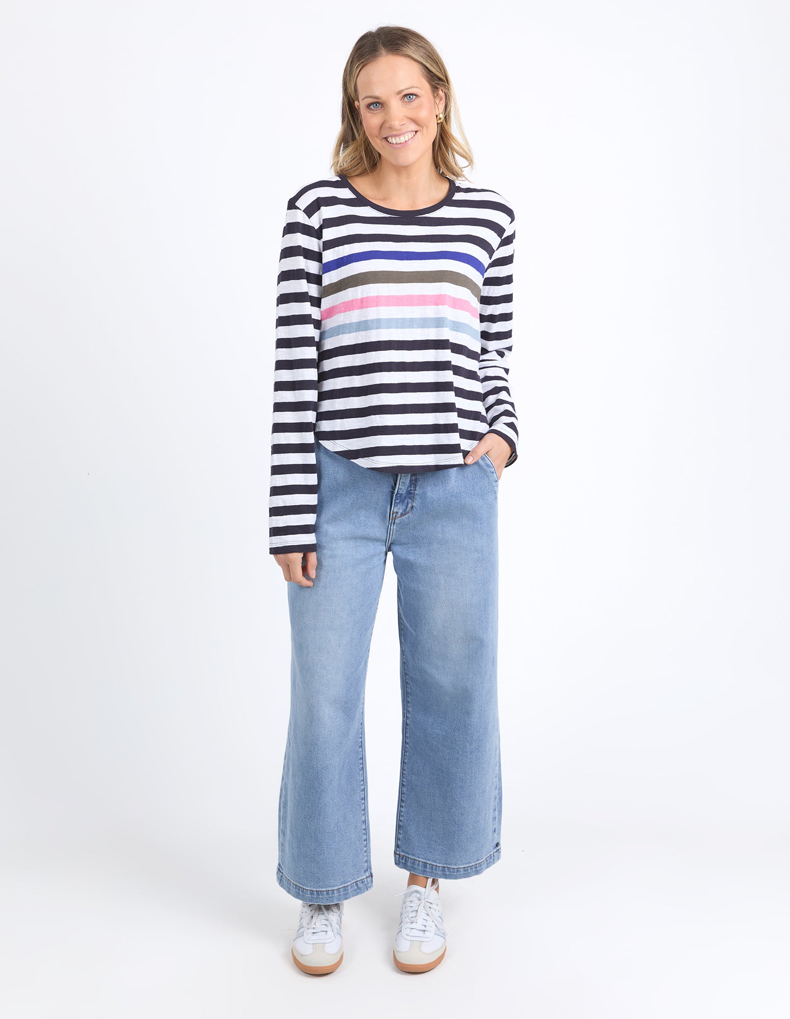 Elm Harmony Long Sleeve T-Shirt for Men & Women - Navy & White Striped Casual Tee - Perfect for Everyday Wear, Layering, and Outdoor Activities