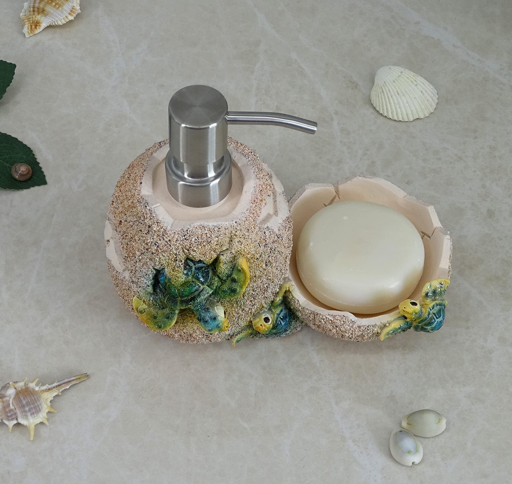 YHHRESINKING Sea Turtle Dish Soap Dispenser with Sponge Holder - Decorative Resin Baby Turtle Sink Organizer for Bathroom, Kitchen & Shower - Soap Tray & Sponge Storage Container (Blue) - Perfect for Beach House Decor & Coastal Themed Homes