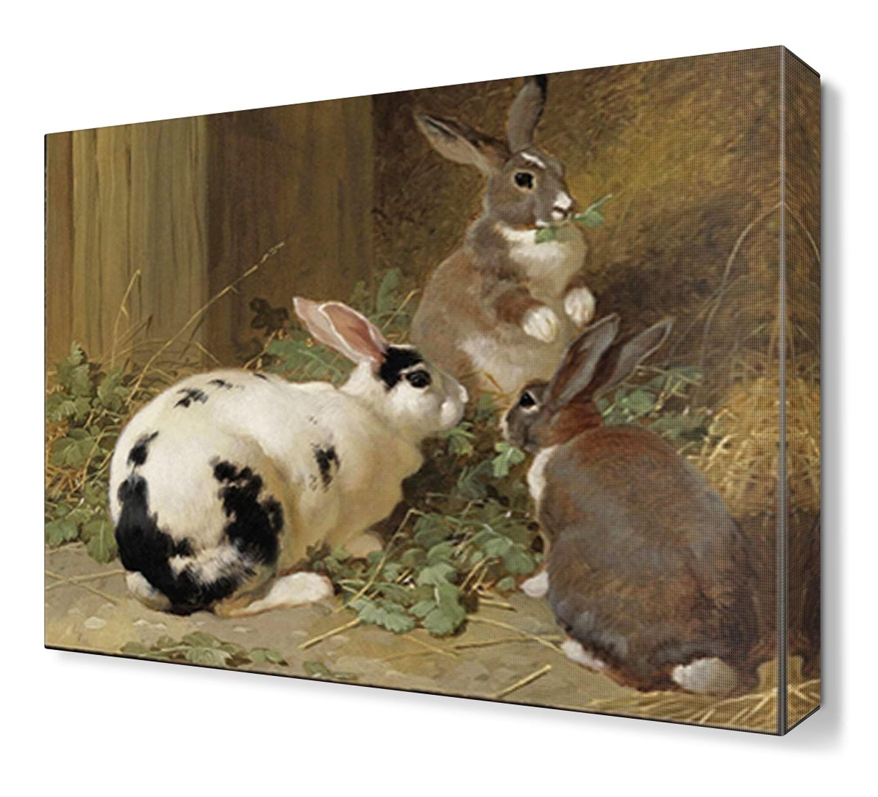 Vintage Rabbit Canvas Wall Art - 70x100cm (28x40in) Framed Kitchen & Dining Room Decor - Cute Animal Paintings for Living Room, Bedroom & Home Decoration - Perfect Gift for Housewarming & Interior Design