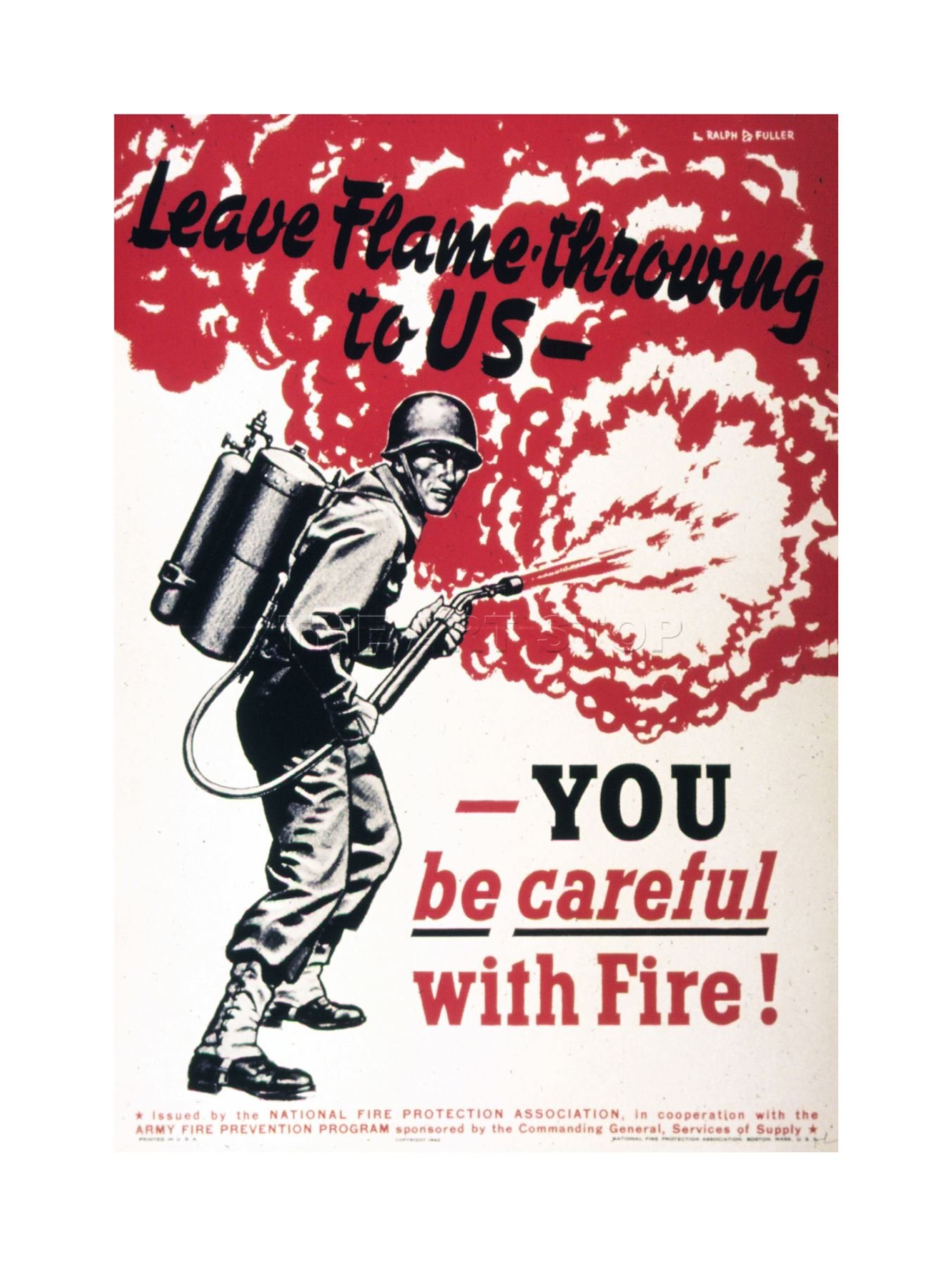 Wee Blue Coo Vintage WWII Flame Thrower Soldier Military Wall Art Print - Battlefield Decor, Man Cave, Home Office & Bar