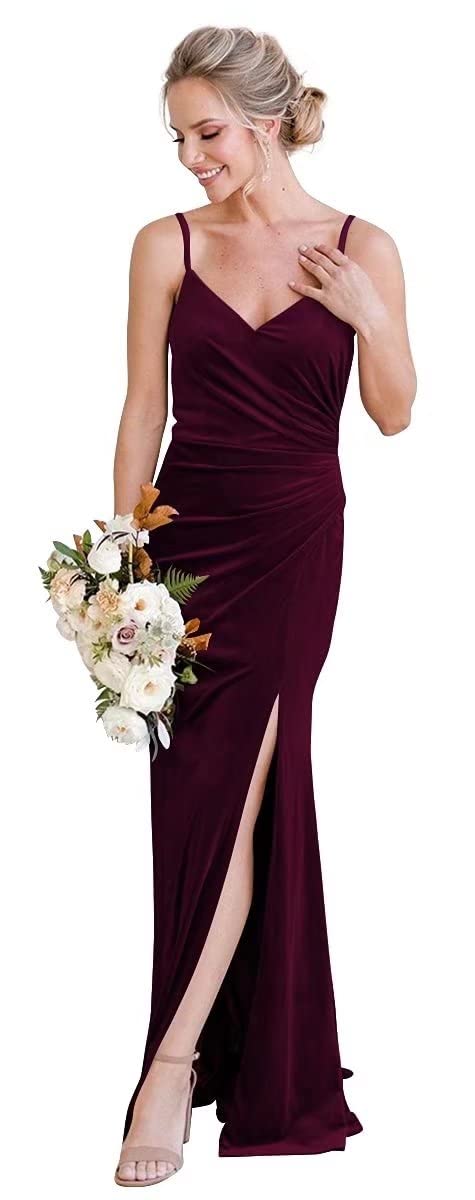 Elegant V-Neck Velvet Bridesmaid Dress with Thigh Slit & Ruched Detail - Formal Evening Gown for Wedding Guest, Prom, Party & Special Occasions