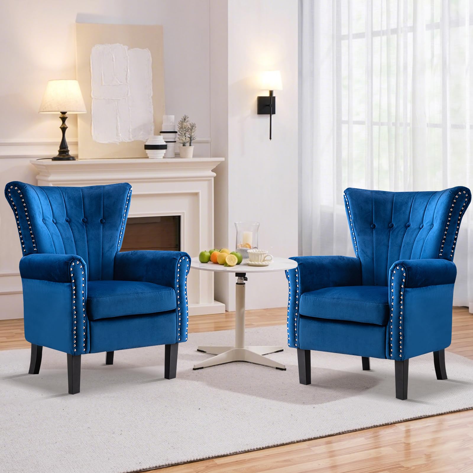 Velvet Tufted Wingback Armchair with Wood Legs for Living Room & Bedroom - Blue