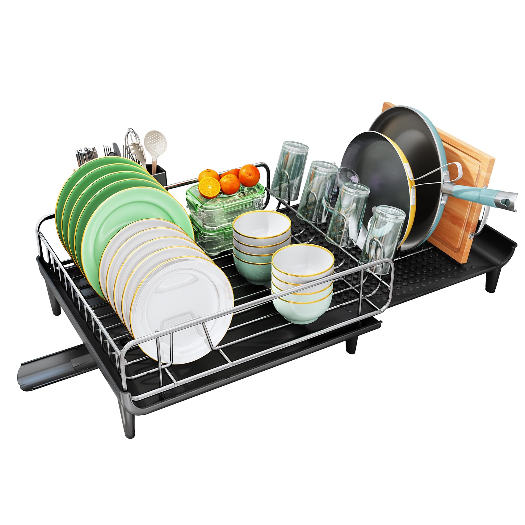 Expandable Dish Drying Rack for Kitchen Counter - Large Dish Drainer with Pan Holder, Utensil Holder & Drainboard Cup Holder | Space-Saving Black Dish Rack for Small Kitchens, Apartments & Dorm Rooms