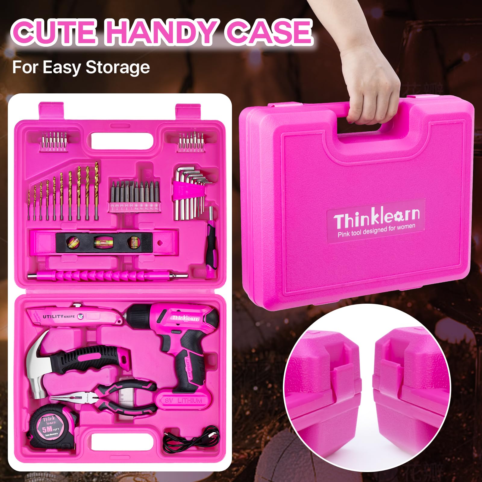 64PCS Pink Tool Set with Cordless Drill - 8V Power Drill & Electric Screwdriver Kit for Women, 3/8
