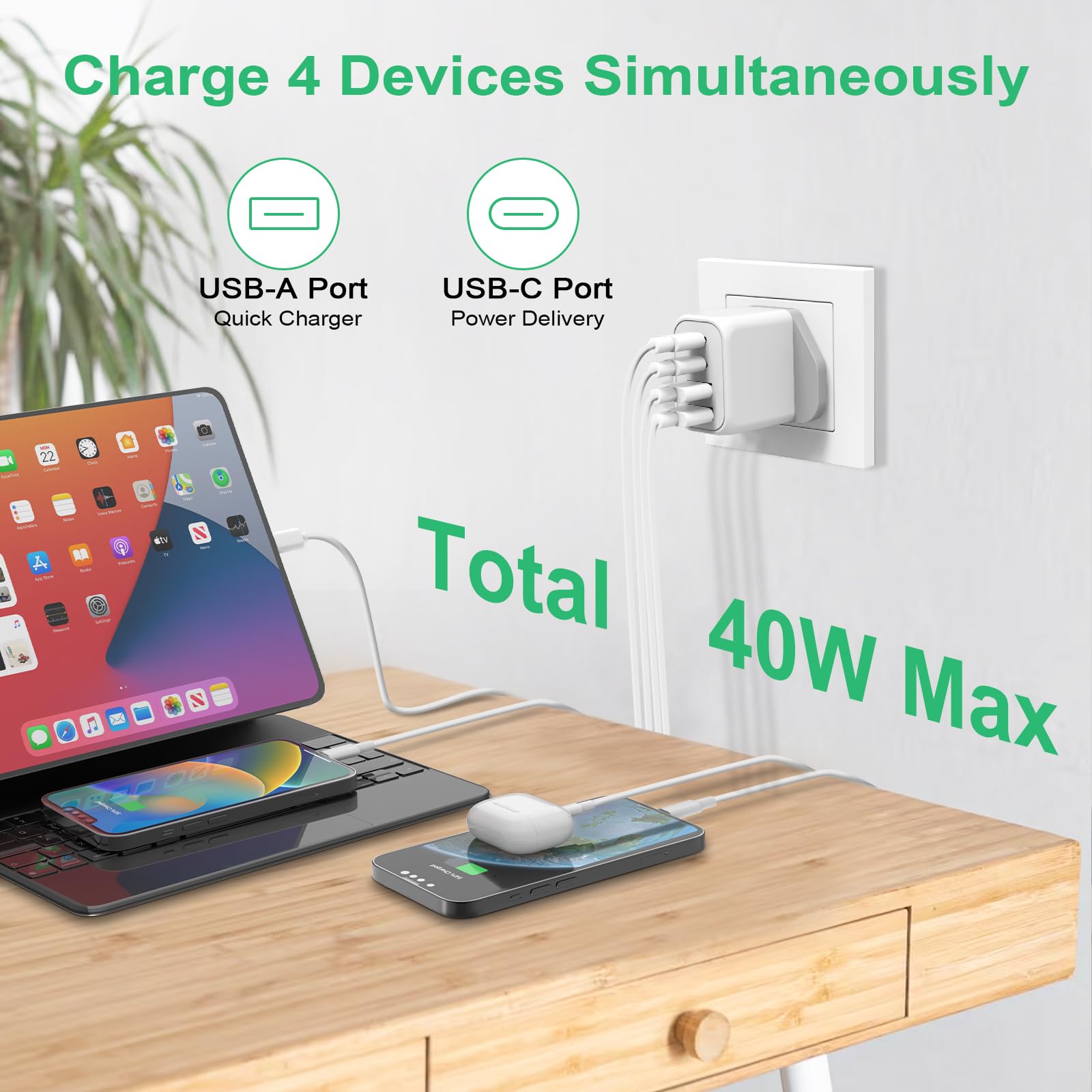 40W 4-Port USB C Fast Charger with PD & QC - Multi Port Wall Charger for iPhone 15 Pro Max/Plus, 14 Pro Max, 13, 12, 11, XS, iPad, AirPods, Samsung S23 Ultra/S22, Google Pixel - Perfect for Home, Office & Travel Charging