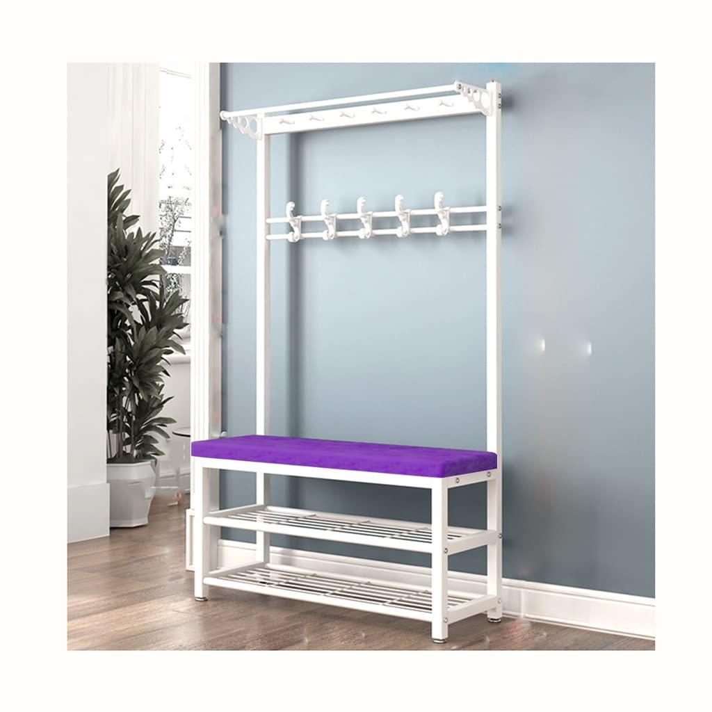4-in-1 Entryway Hall Tree with Shoe Bench & Coat Rack - White Purple Storage Bench with 5 Double Hooks (100x33x170cm) - Perfect for Small Spaces, Apartments & Mudroom Organization