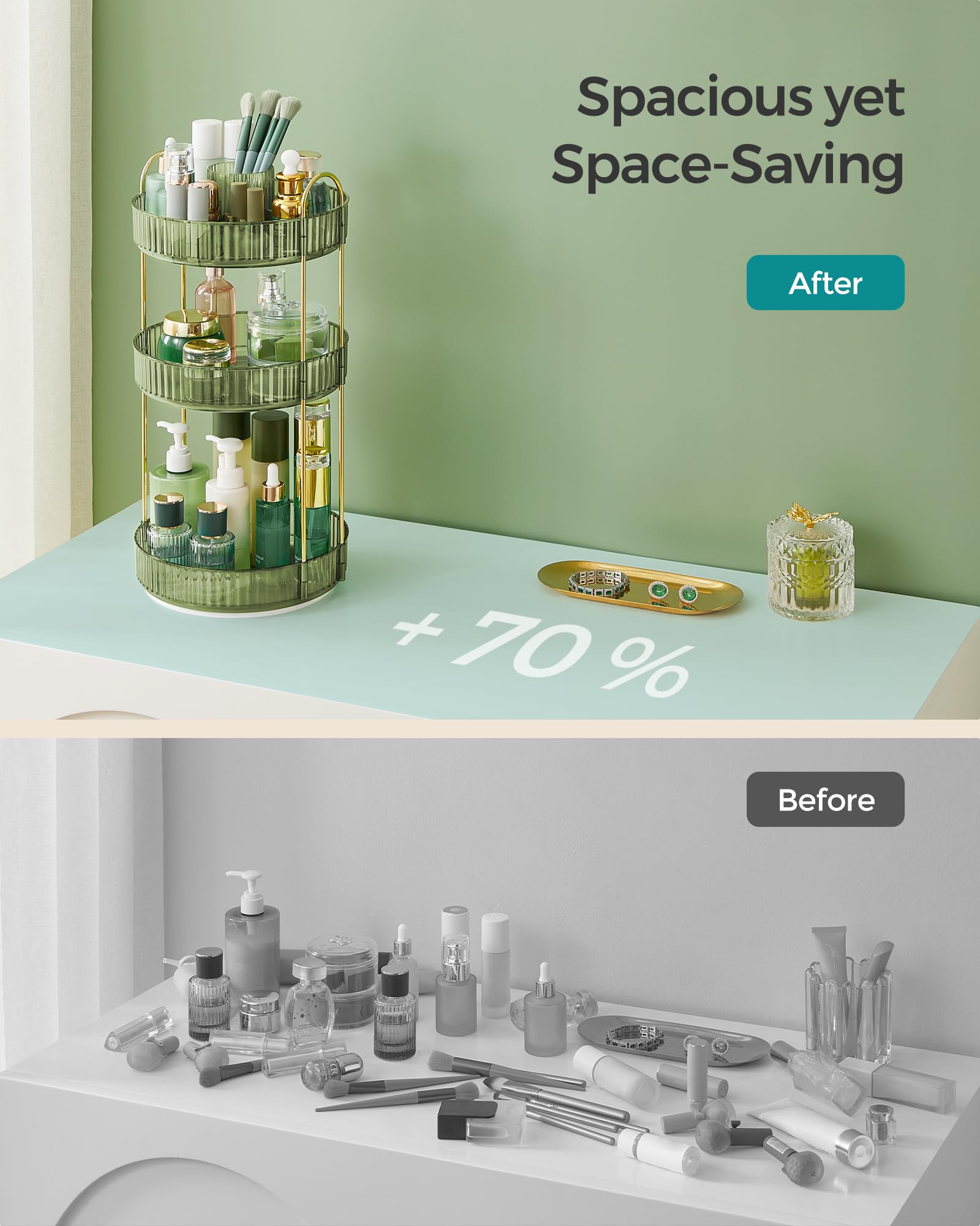 SONGMICS 3-Tier Rotating Makeup Organizer | Round Skincare & Toiletries Vanity Organizer with Lazy Susan | Customizable Cosmetic Storage | Perfect for Bathroom Countertop, Dressing Table & Gift Giving | Pale Green UJKA011C01