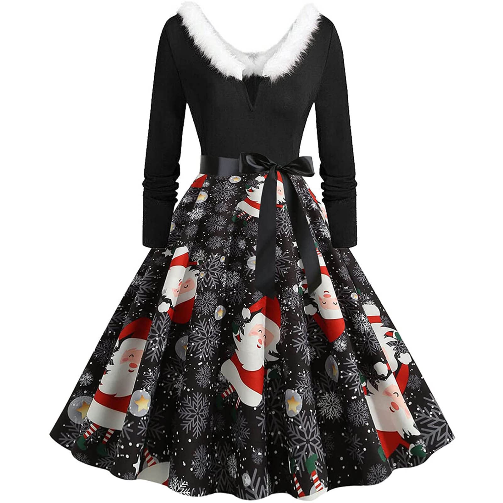 Jsarle Women's Retro Swing Cocktail Dress - Long Sleeve Christmas Printed Patchwork Furry V-Neck Party Dress for Wedding Guest, Holiday Party & Special Occasions