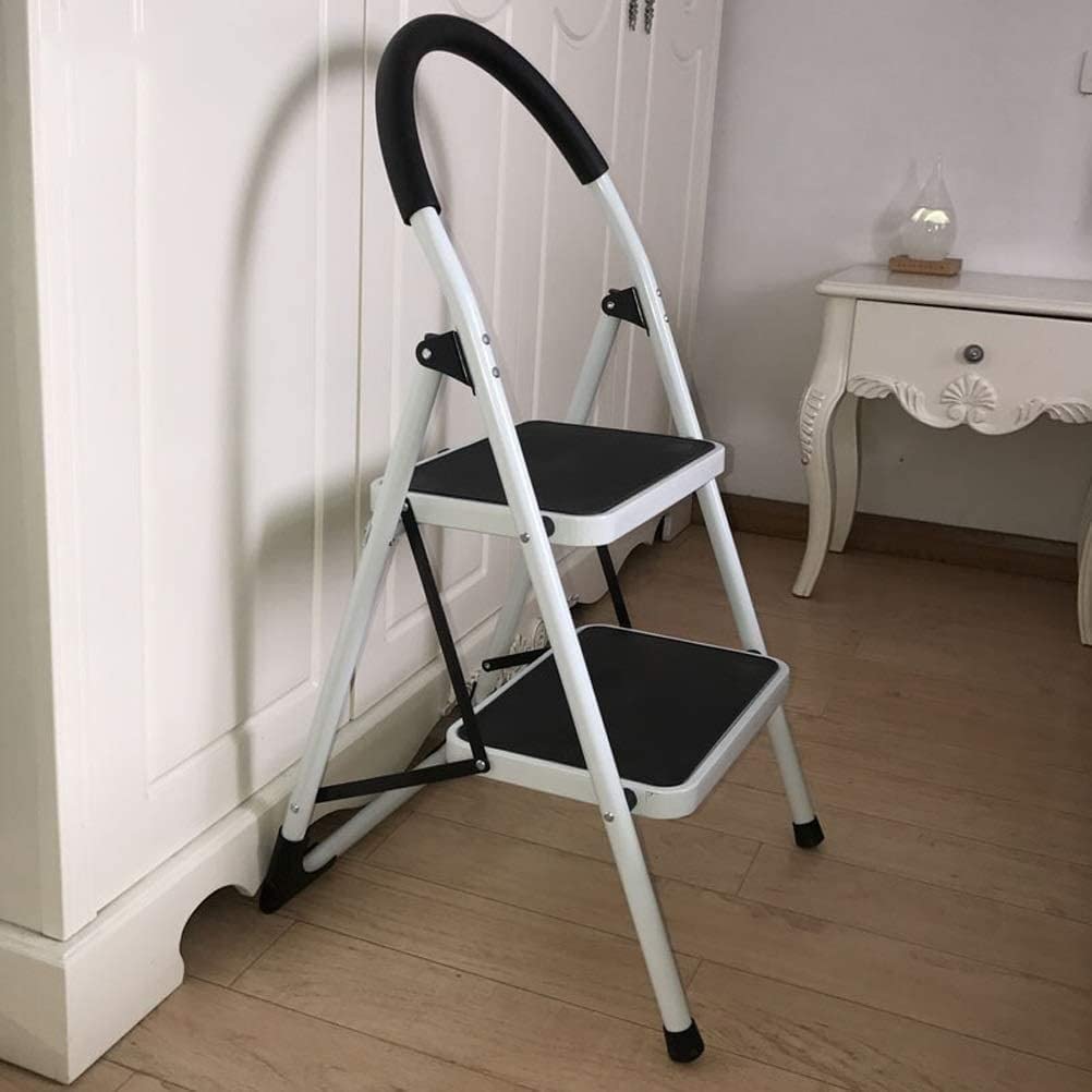 OKUOKA Foldable Metal Step Stool with Handrail - Portable Multifunctional Ladder Stool for Kitchen, Bathroom & Home Use (Black+White)