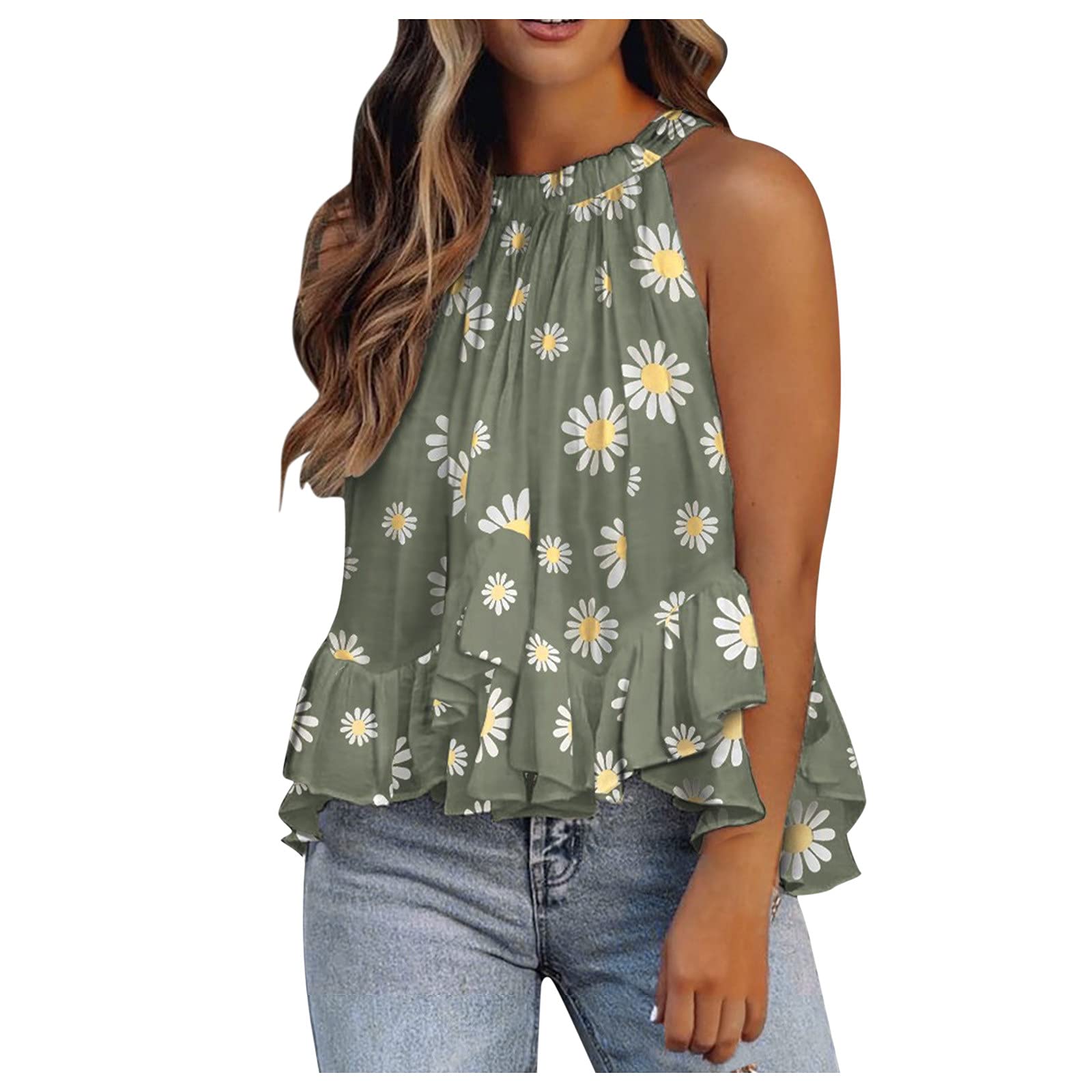 Women's Summer Fashion O-Neck Ruffled Vest - Floral Print Sleeveless Blouse & Crop Top for Beach, Party, and Casual Outfits