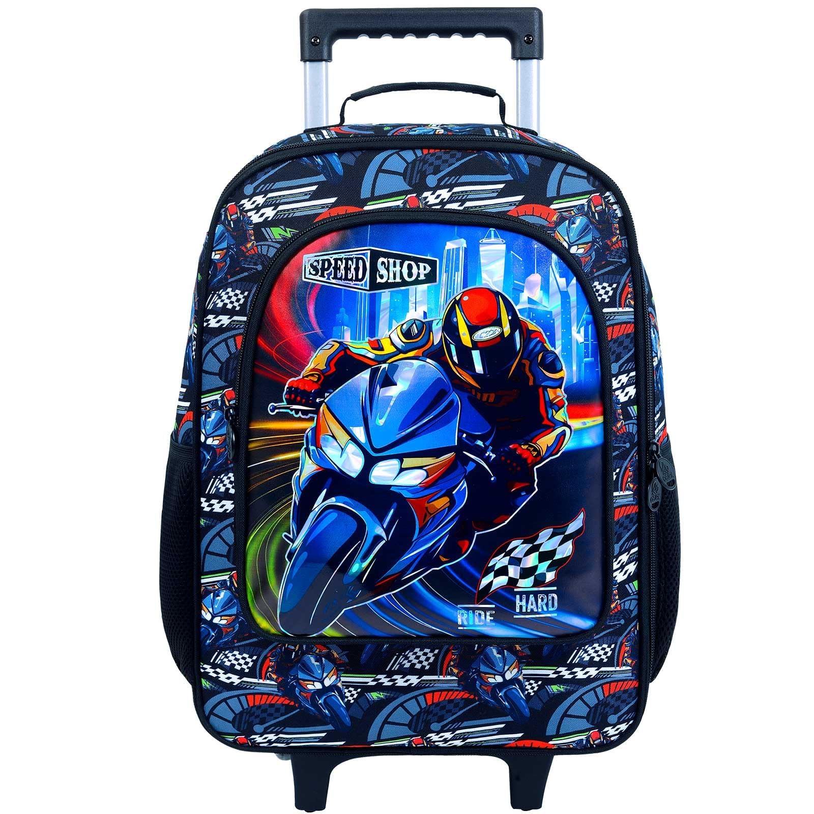 Boys Rolling Suitcase - Water Resistant Kids Luggage with Motorcycle Design for Travel, School & Preschool | Perfect for Airplane Carry-On, Weekend Trips & Daily Use
