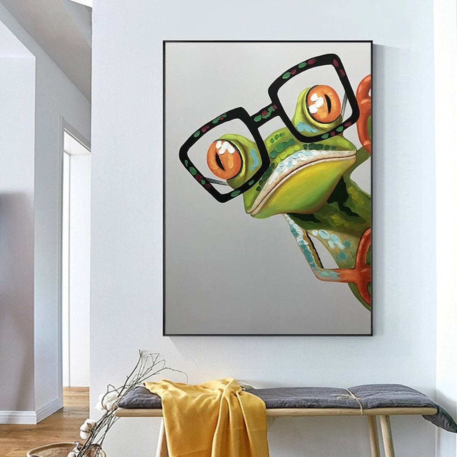 Hand Painted Green Glasses Frog Abstract Oil Painting on Canvas - Large Textured Cartoon Wall Art for Living Room, Bedroom, Hallway | Unique Home Decor & Gift Idea for Animal Lovers