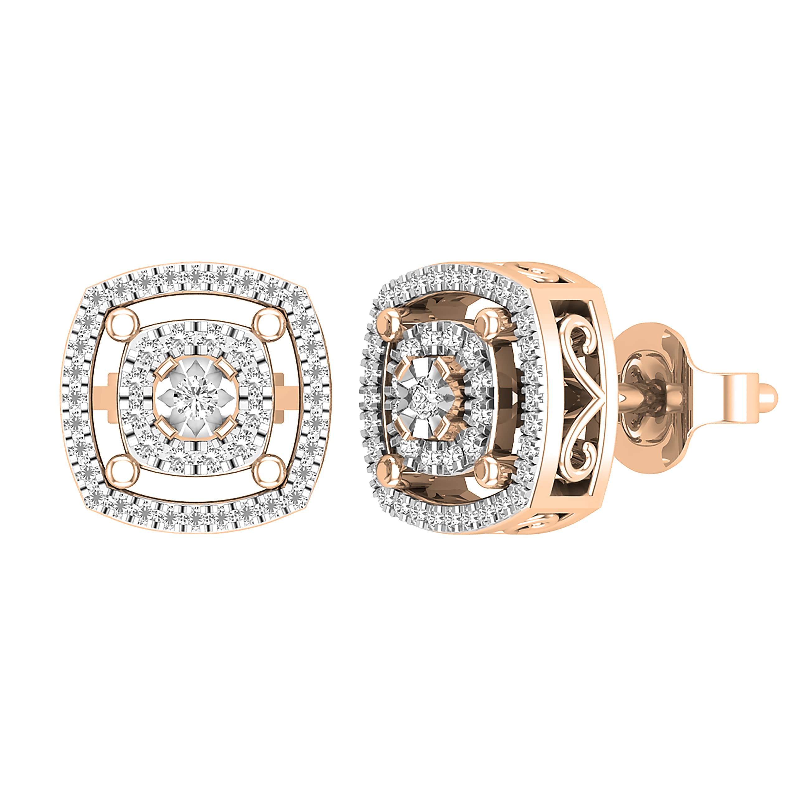 Dazzlingrock Round White Diamond Double Cushion Flower Pushback Stud Earrings for Women (0.28 ctw, I-J Color) - Perfect for Weddings, Parties & Special Occasions