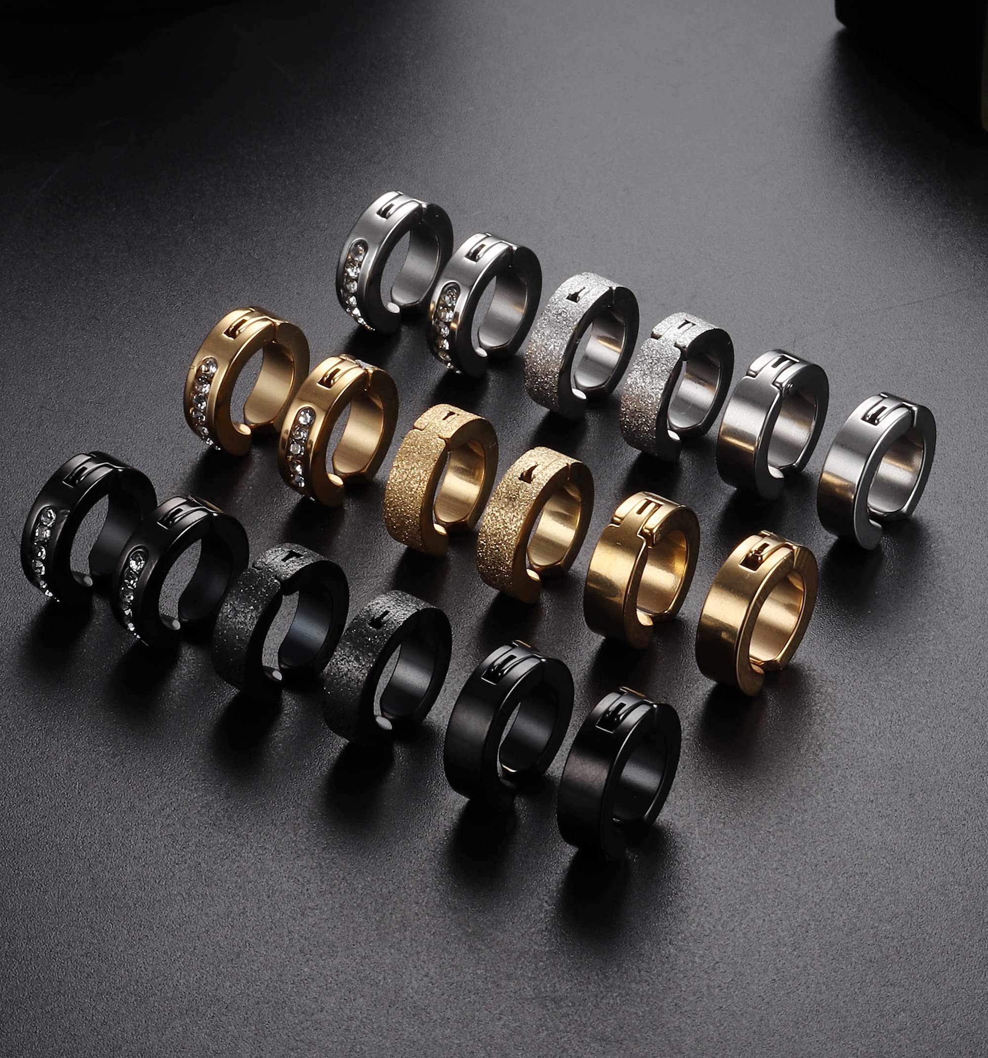 FIBO STEEL 9 Pairs Non-Piercing Clip On Earrings for Men & Women - Stainless Steel Hoop Earrings with CZ Stones | Hypoallergenic, Comfort Wear for Sensitive Ears | Perfect for Work, Parties & Special Occasions