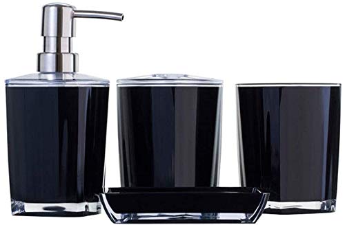 Elegant Acrylic Bathroom Accessory Set - Soap Dispenser, Toothbrush Holder, Soap Dish & Cup - Modern Black Bathroom Organizer for Vanity, Sink Countertop & Shower Decor