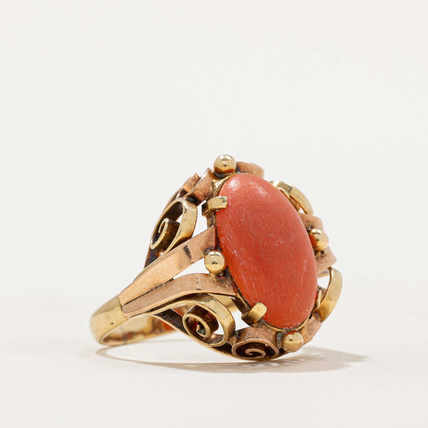 Elegant Coral Scrollwork Ring - 3.25 Carat Genuine Coral Gemstone - Size 7.5 - Vintage Inspired Jewelry for Women - Perfect for Weddings, Anniversaries & Special Occasions