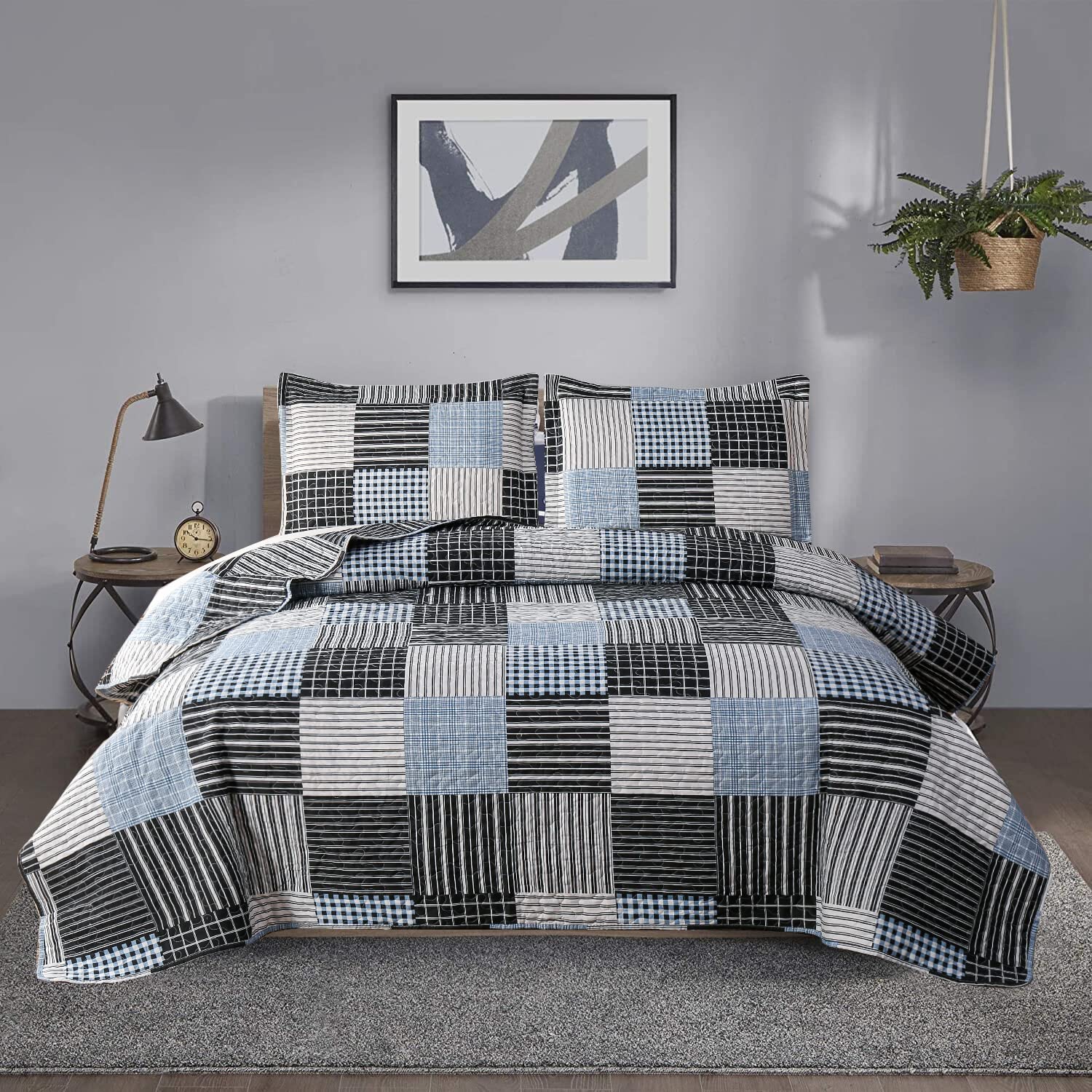 **King Size Reversible Quilt Set - Lightweight Plaid Patchwork Bedspread Coverlet for Men, Black & White Stripe Modern Home Collection | Cozy Bedroom Upgrade & Guest Room Decor**