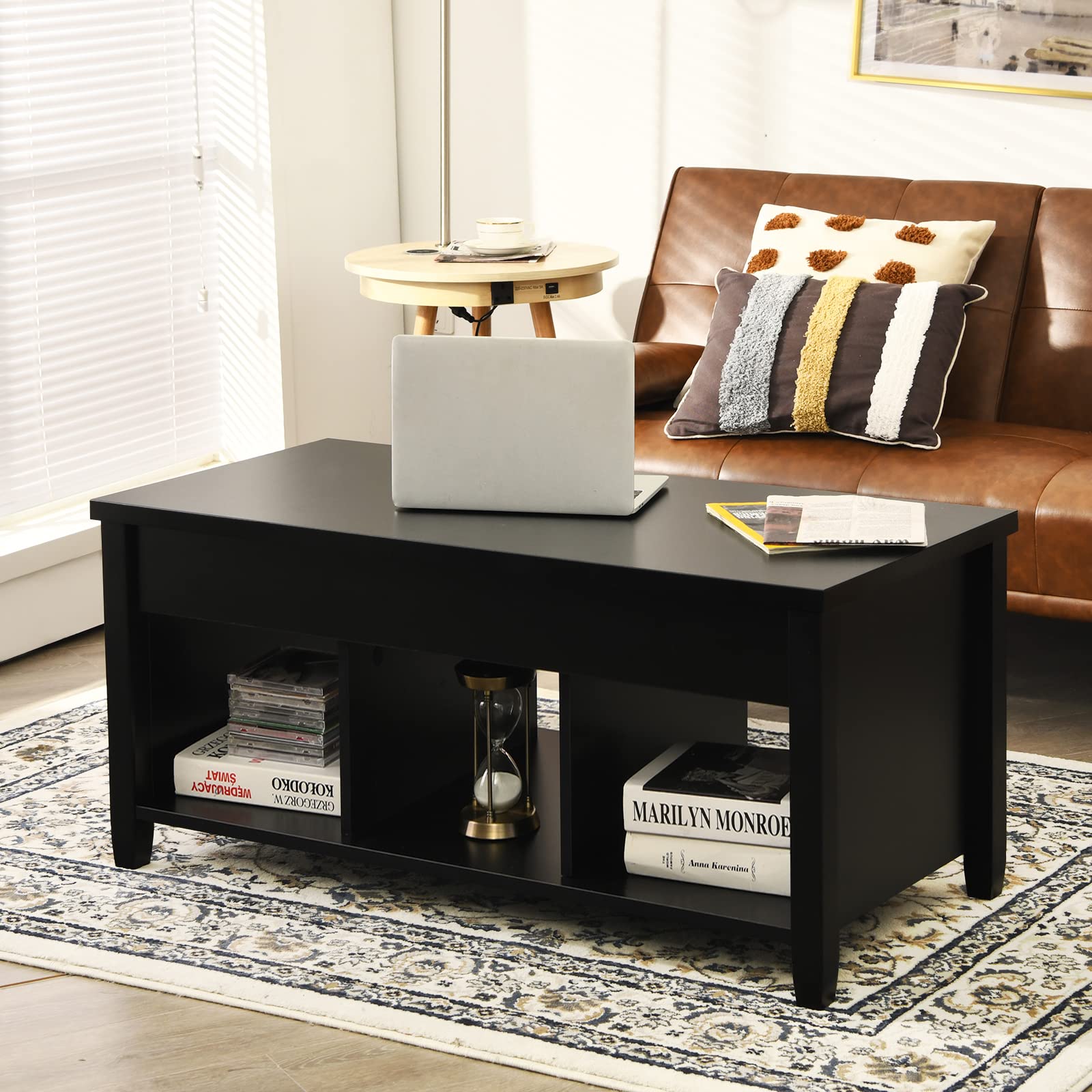 KOTEK Lift Top Coffee Table with Hidden Storage & Open Shelves - Modern Living Room Lift-Top Table with Compartment for Living Room, Office, Reception Area (Black) - Perfect for Small Space Organization & Stylish Home Decor