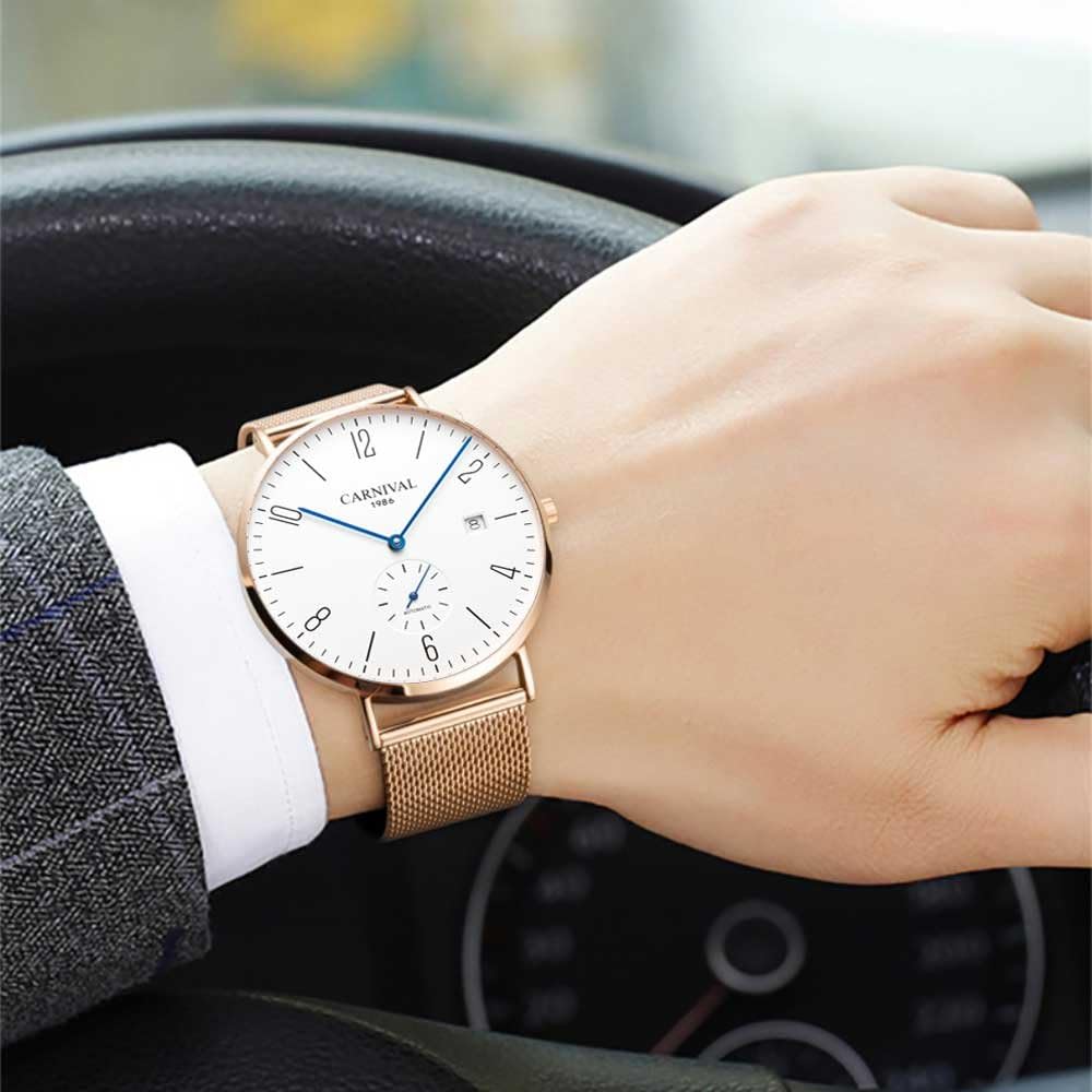 MASTOP Men's Automatic Mechanical Watch - Ultra Thin Minimalist Design with Stainless Steel Mesh Band - Perfect for Business, Casual & Formal Occasions