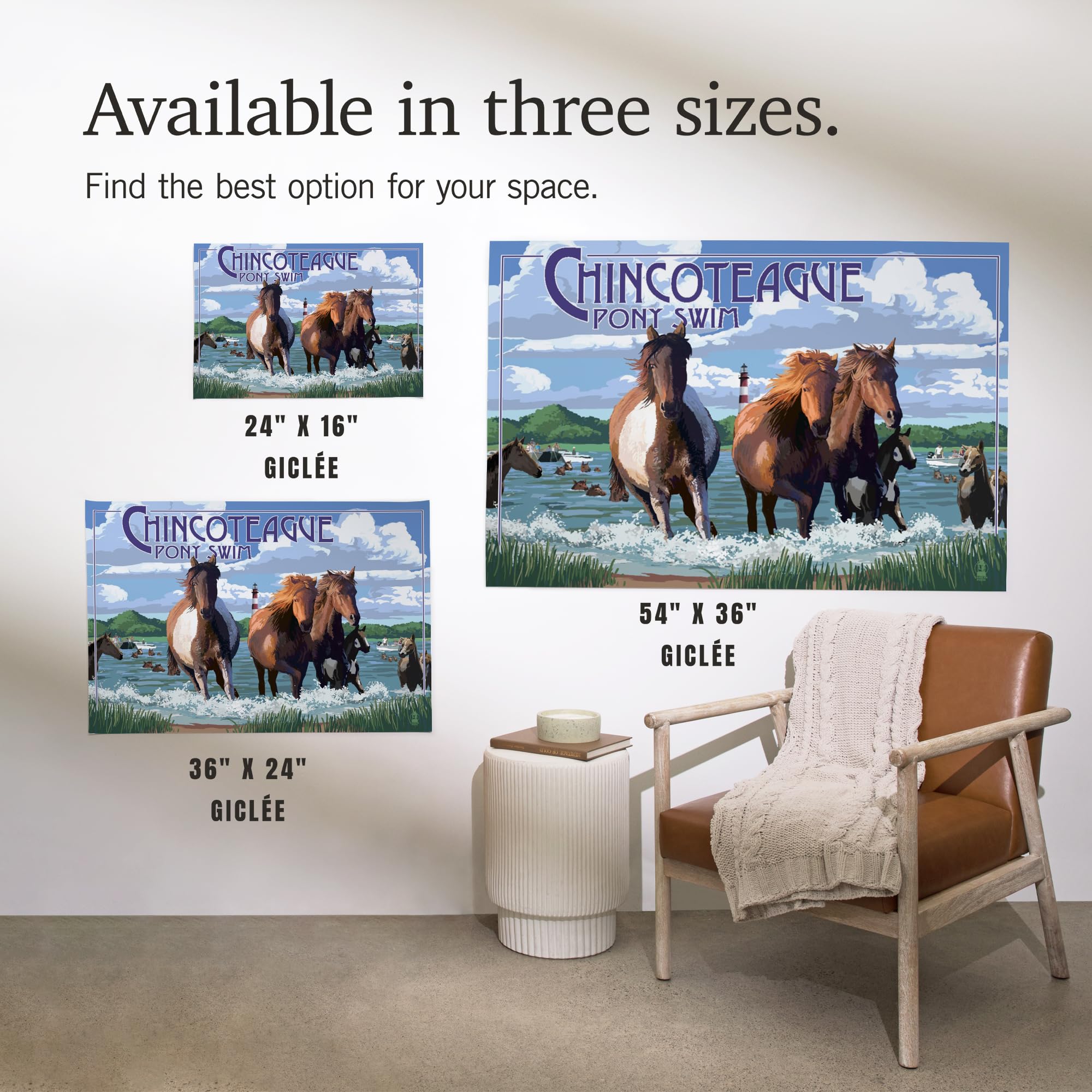 Lantern Press 16x24 Inch Giclee Art Print - Chincoteague Virginia Pony Swim Landscape Wall Decor - Perfect for Living Room, Bedroom or Office