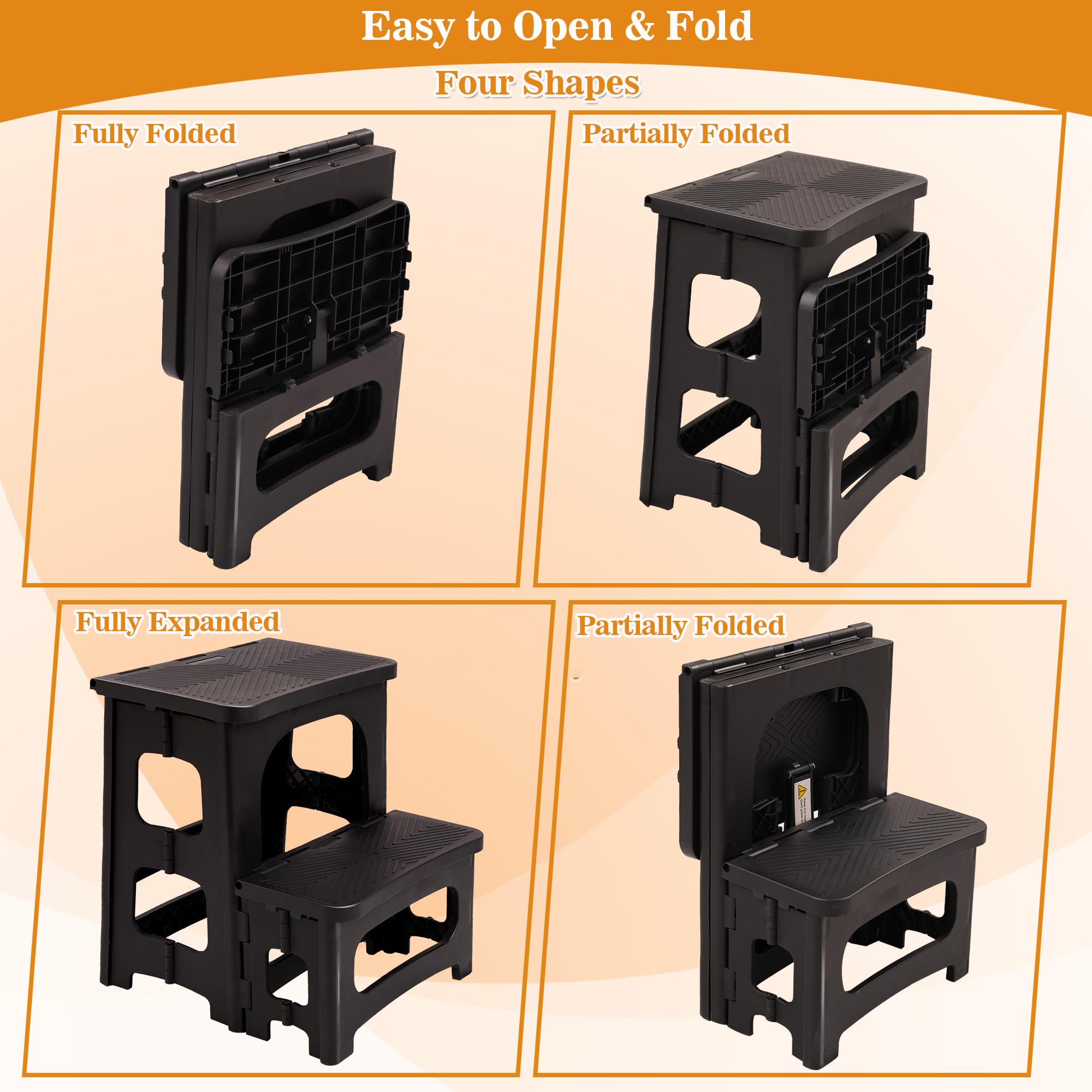 Heavy Duty Folding 2 Step Stool 300 lb Capacity - Non-Slip Foldable Step Stool for Adults - Compact Kitchen Bathroom Bedroom Office RV Ladder - Space Saving Home Organization (Black) | Perfect for Reaching High Shelves, Changing Light Bulbs & Home Storage Solutions