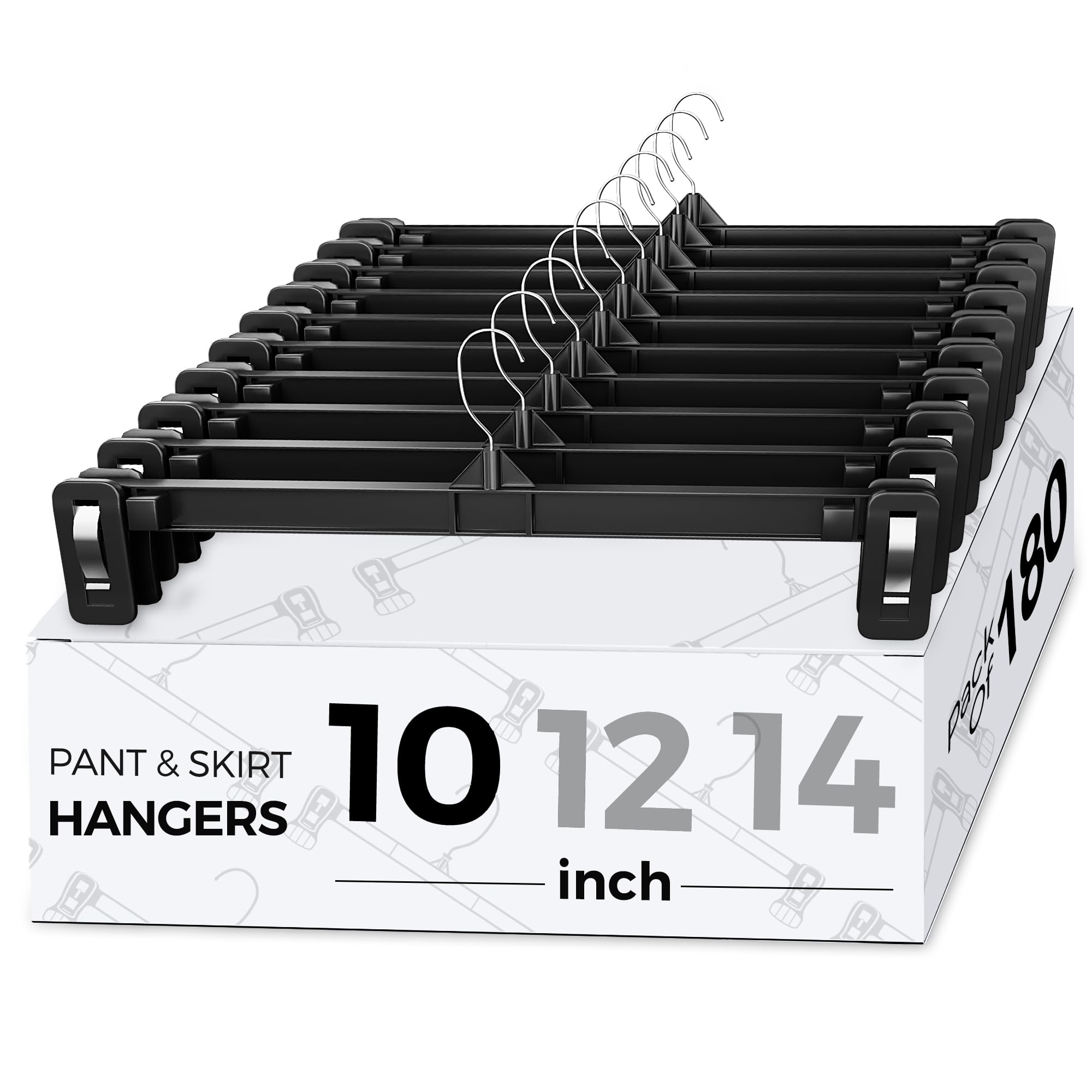 Smartor Space Saving Heavy Duty Hangers - 180 Pack Slim Plastic Pants & Shorts Hangers with Non-Slip Ridged Design, 360° Rotating Chrome Swivel Hook & Pinch Clips (Black, 10 Inch) - Perfect for Closet Organization, Laundry Room & Travel Storage