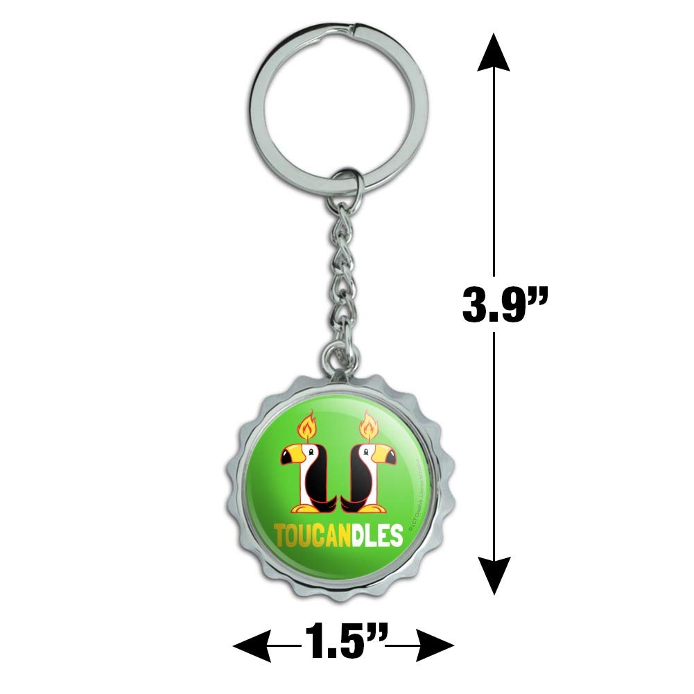 Funny Toucan Two Candles Keychain - Chrome Plated Metal Bottle Opener with Pop Cap - Perfect for Parties, Gifts & Beer Lovers Accessories