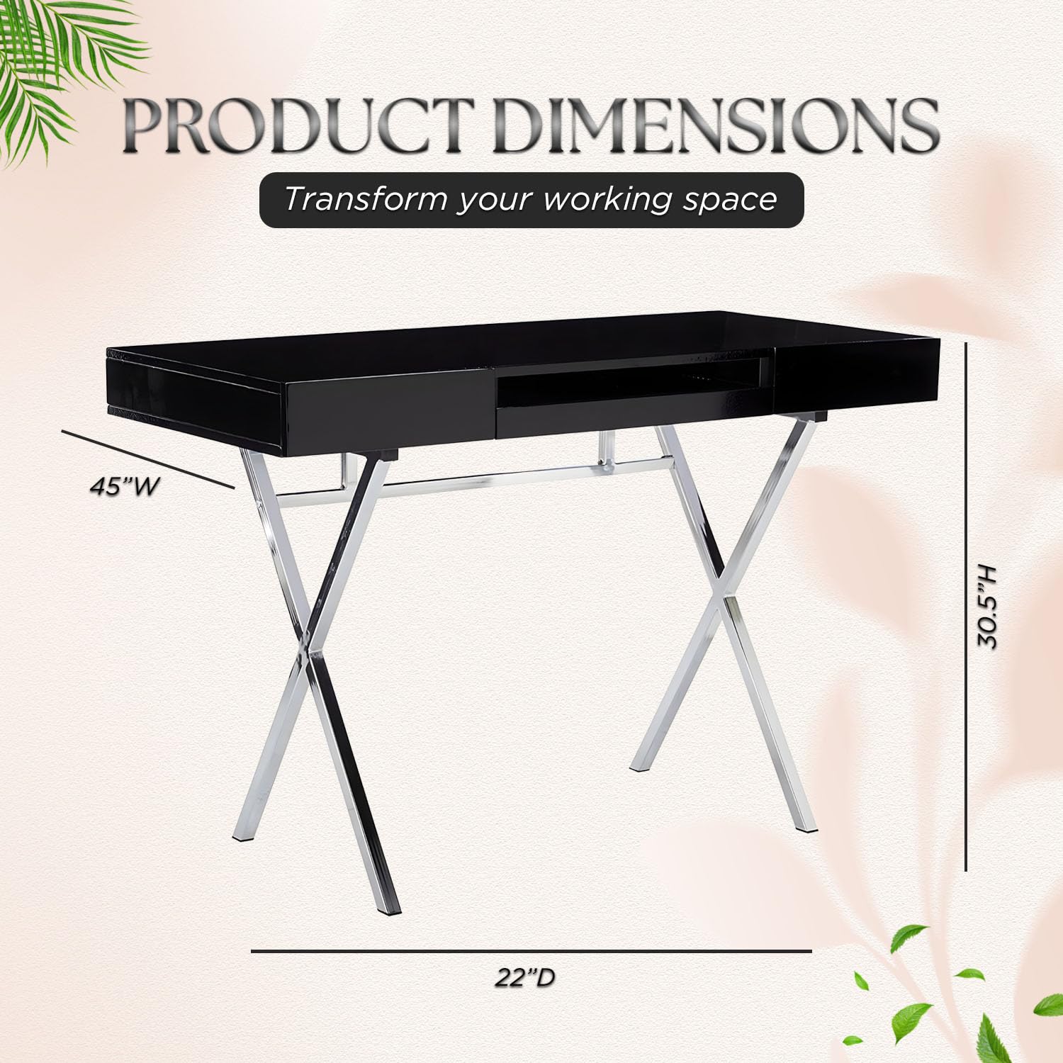 Kings Brand Modern Home & Office Desk - Black Chrome Contemporary Writing Desk for Study, Workstation & Home Office