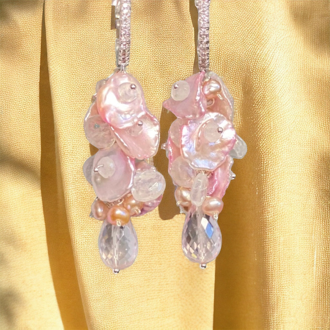 Pink Rose Quartz Moonstone Keishi Pearl Cluster Earrings in Sterling Silver - Elegant Boho Jewelry for Women, Perfect for Weddings, Date Nights & Special Occasions