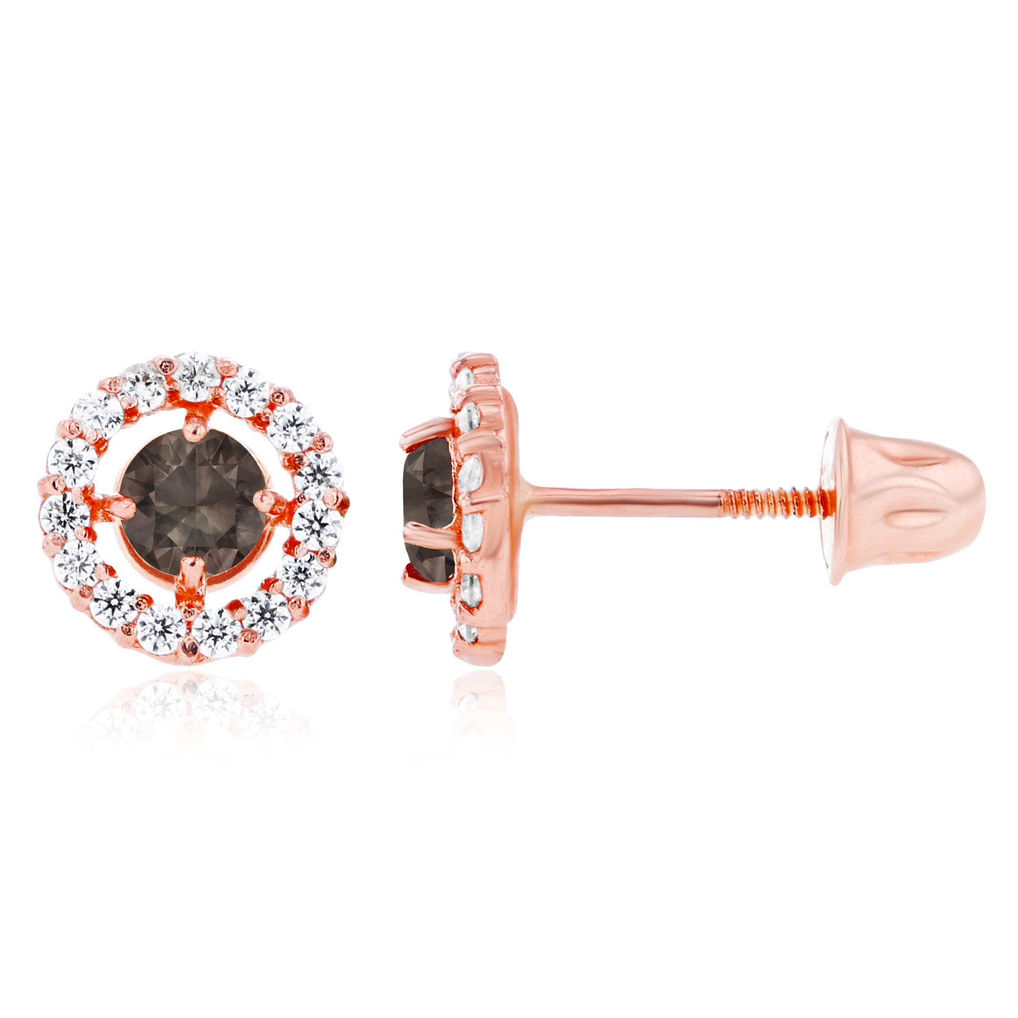 14K Solid Gold 6mm Halo Natural Birthstone Screwback Stud Earrings for Women | 3mm Round Birthstone | 1mm Created White Sapphire Halo Earrings | Perfect for Birthdays, Anniversaries & Everyday Elegance
