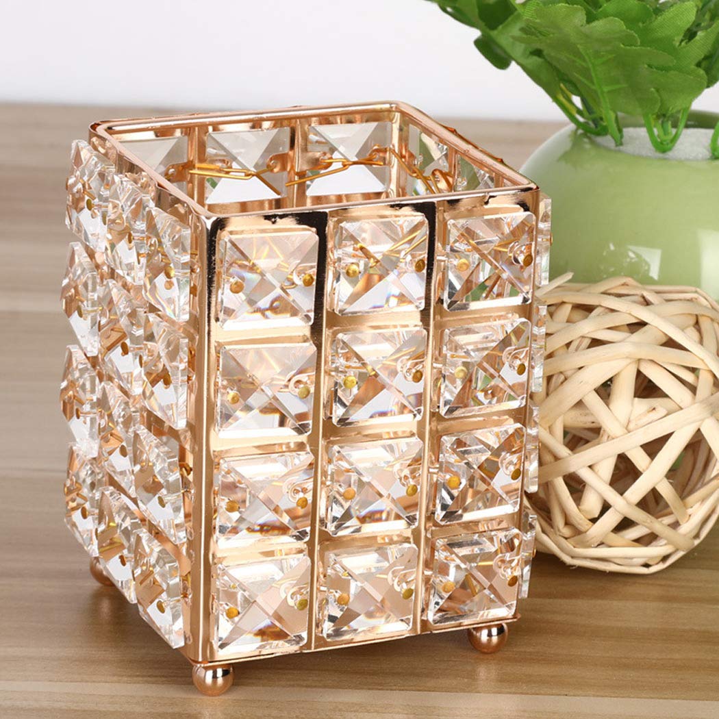 Handmade Crystal Makeup Brush Holder & Eyebrow Pencil Organizer - Gold Square Cosmetic Storage for Vanity, Bathroom, Office Desk | Perfect for Beauty Tools, Stationery & Desk Accessories Organization
