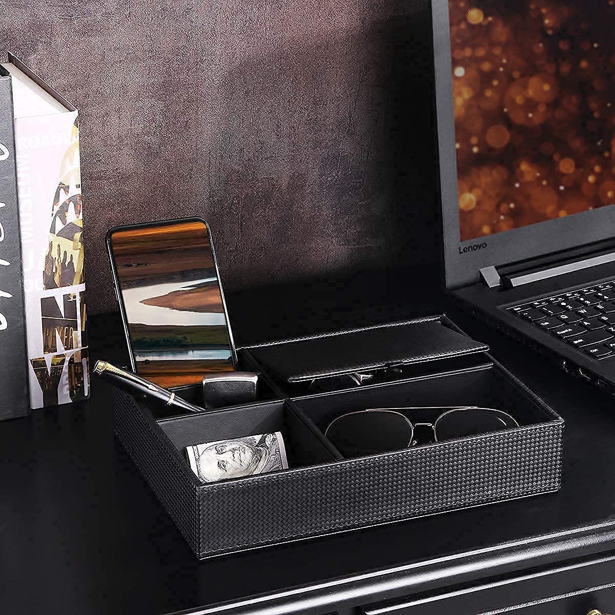 BEWISHOME 20-Slot Luxury Watch Box for Men - Glass Top Watch Organizer with Valet Tray, Dresser & Nightstand Storage - Perfect for Watch Collectors & Gift Giving