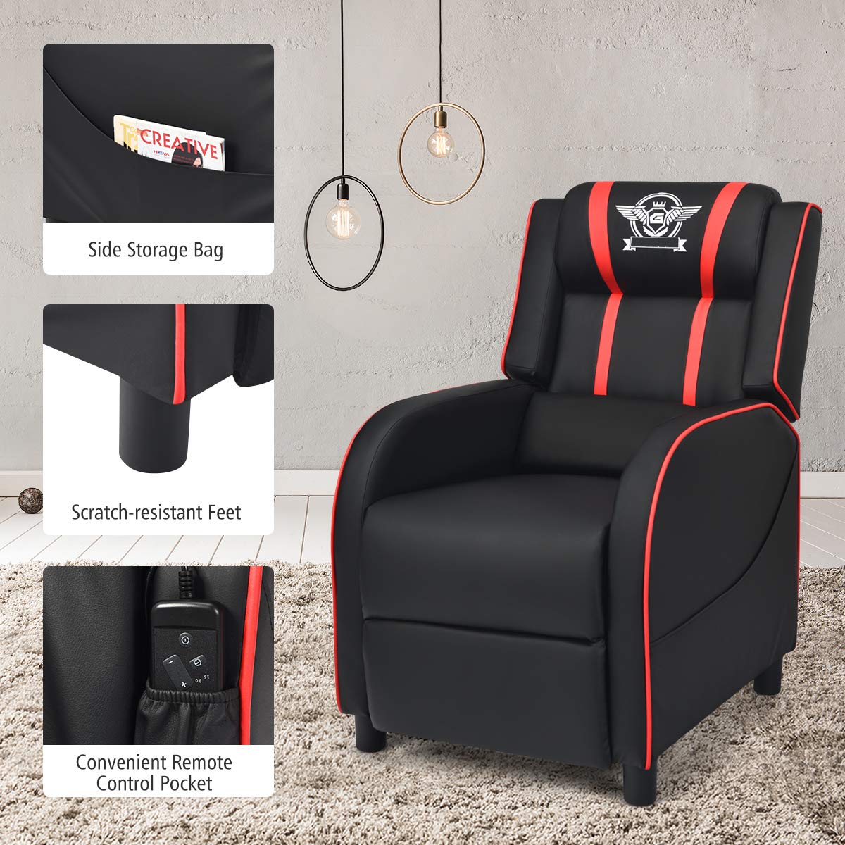 Premium PU Leather Massage Gaming Recliner Chair with Footrest - Modern Racing Style Home Theater Seat for Living Room, Bedroom & Game Room - Ergonomic Comfort for Relaxation, Movie Watching & Video Gaming (Red)