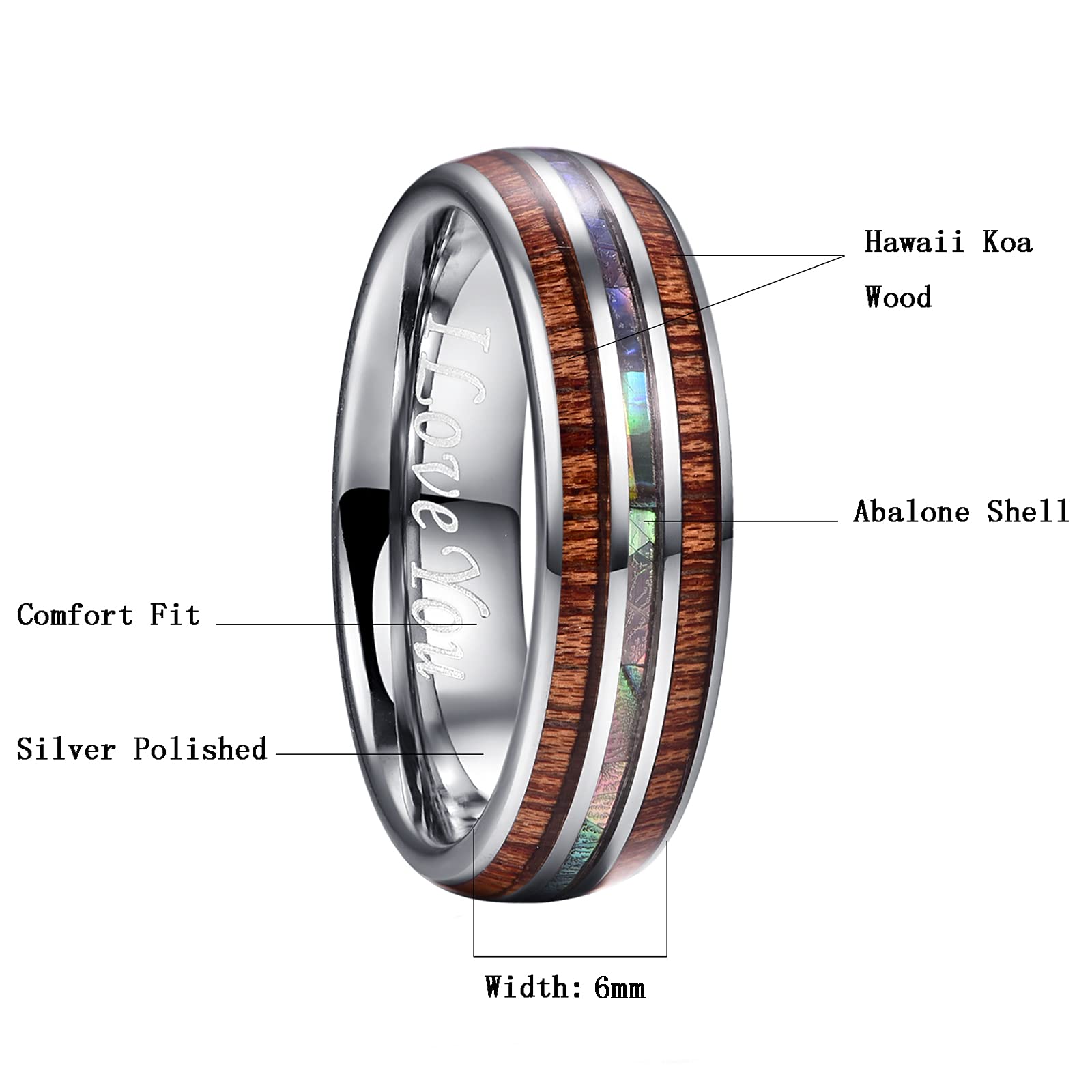 Premium Tungsten Wedding Rings for Men – Wood & Abalone Shell Inlay, Koa Wood Band, Dome Style Promise & Engagement Ring (Size 6-14) – Perfect for Anniversaries, Proposals & Special Occasions