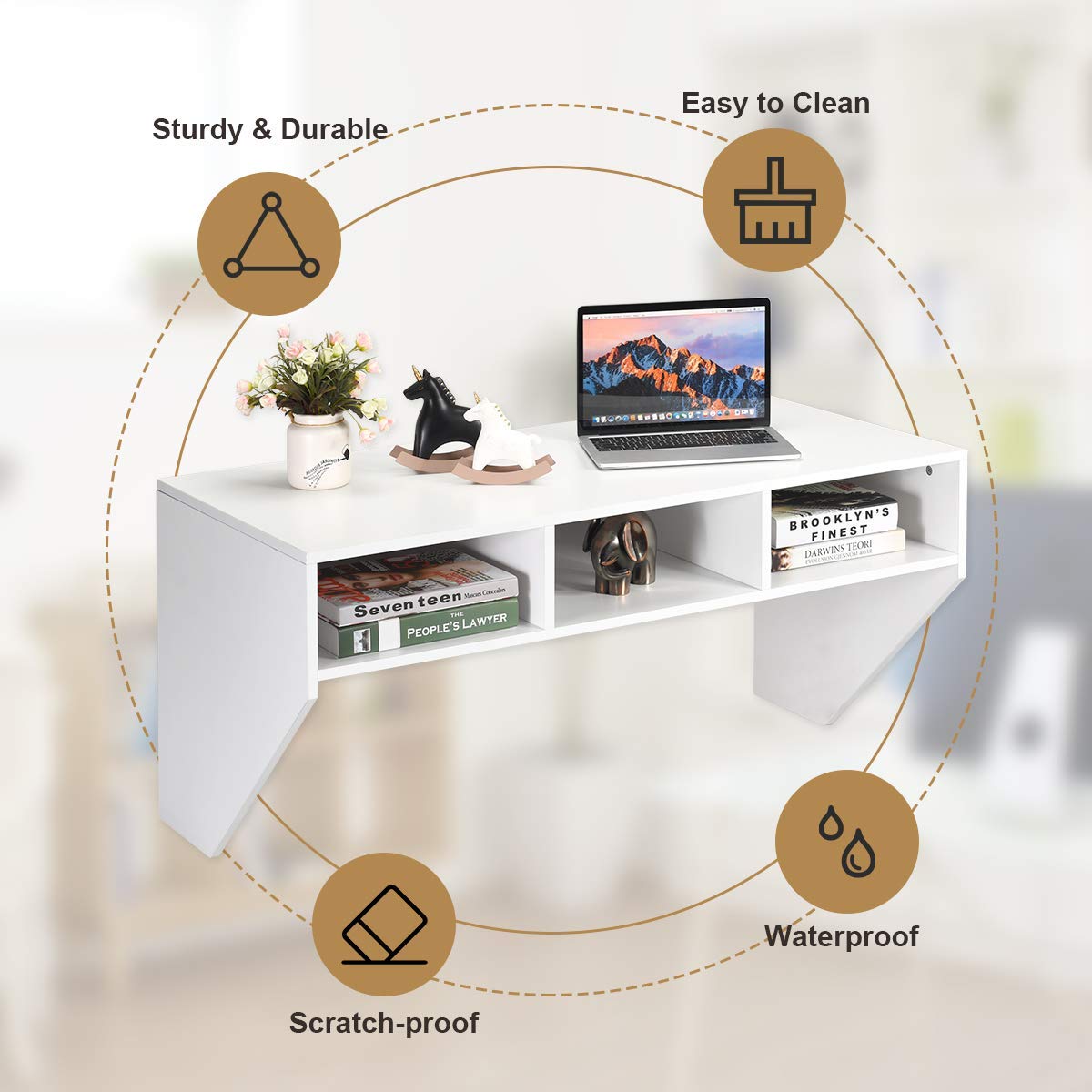 Giantex Wall Mounted Floating Desk with 3 Storage Shelves - Compact Computer Desk for Laptop, Writing & Study - Space-Saving Solution for Home Office, Bedroom & Living Room (White) - Perfect for Small Spaces & Modern Interior Design