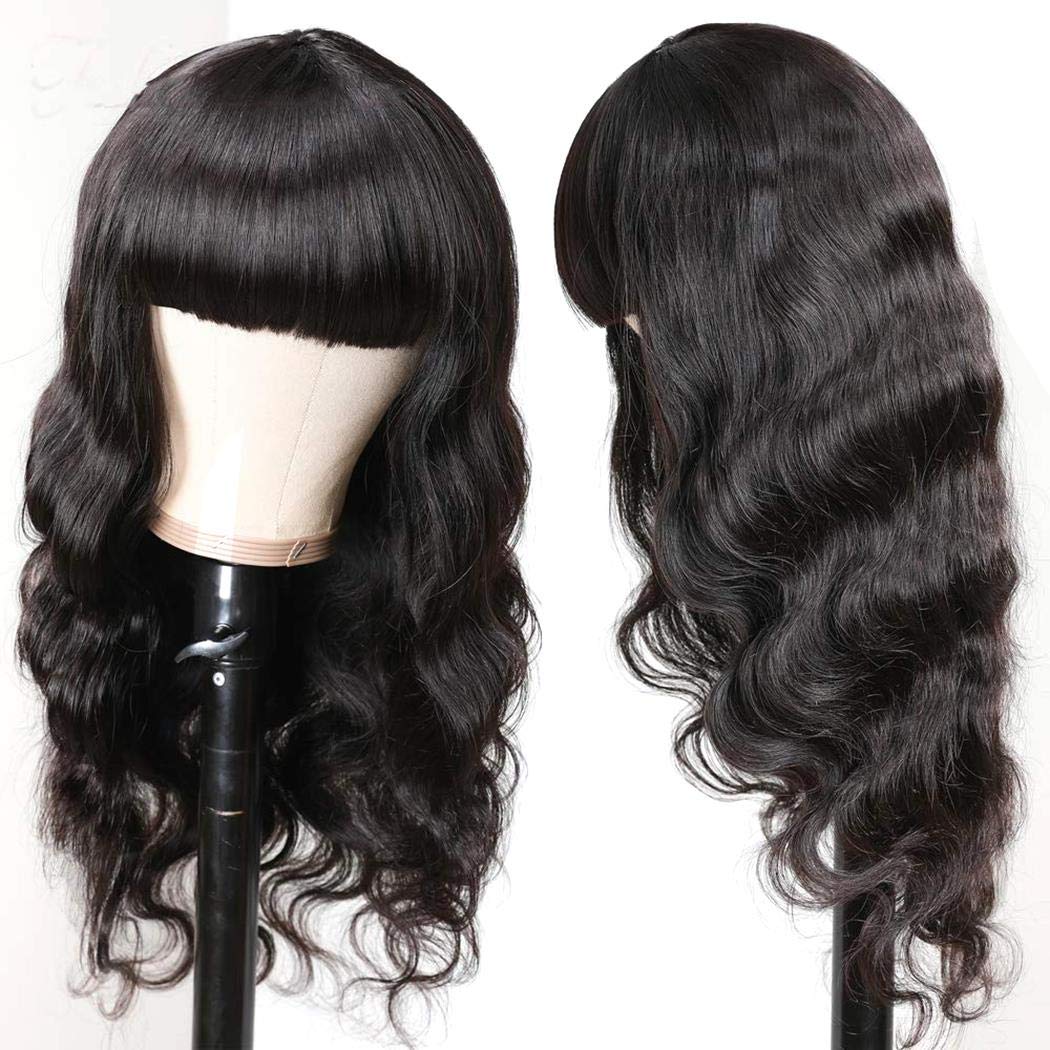 Brazilian Virgin Human Hair Body Wave Wigs with Bangs - Glueless Machine Made Lace Front Wigs for Black Women - 150% Density, 22 Inch Natural Color - Perfect for Daily Wear, Parties, and Special Occasions