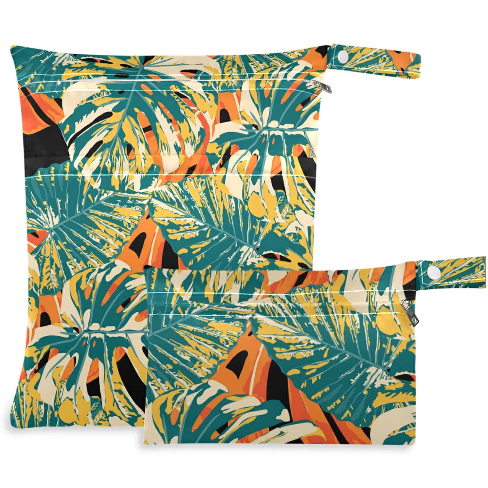 Visesunny 2-Pack Waterproof Wet Bags with Zippered Pockets | Reusable Washable Storage for Swimsuits, Gym Clothes & Diapers | Tropical Leaf Design | Perfect for Travel, Beach, Pool, Daycare & Stroller Organization