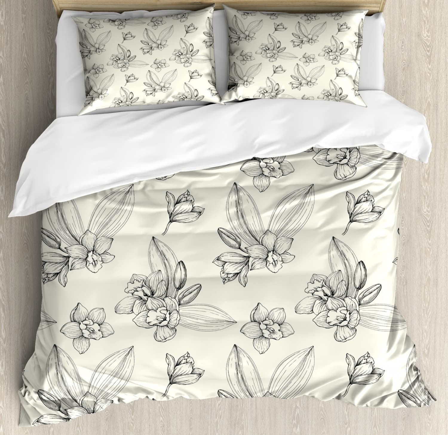 Ambesonne Floral Duvet Cover Set - Vintage Romantic Hand-Drawn Tropical Orchid Botanical Design, 2-Piece King Size Bedding Set with 4 Pillowcases (Cream & Charcoal Grey) | Perfect for Master Bedroom, Guest Room & Bohemian Home Decor
