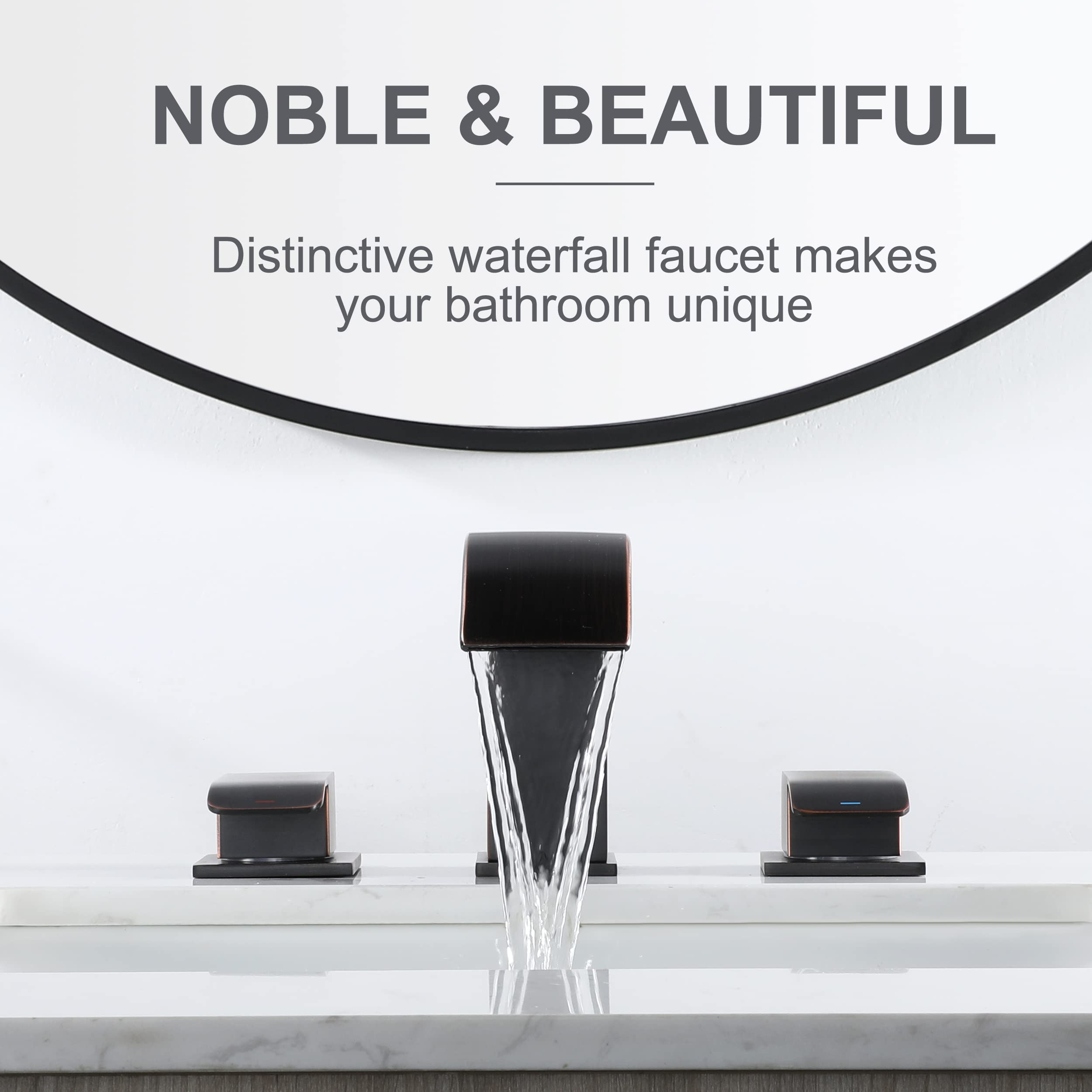 Oil-Rubbed Bronze Waterfall Bathroom Faucet - 8 Inch Widespread 3-Hole Bathroom Sink Faucet with 2 Handles, Modern Vanity Faucet with cUPC Supply Lines - Perfect for Contemporary Bathrooms, Guest Suites, and Luxury Home Renovations