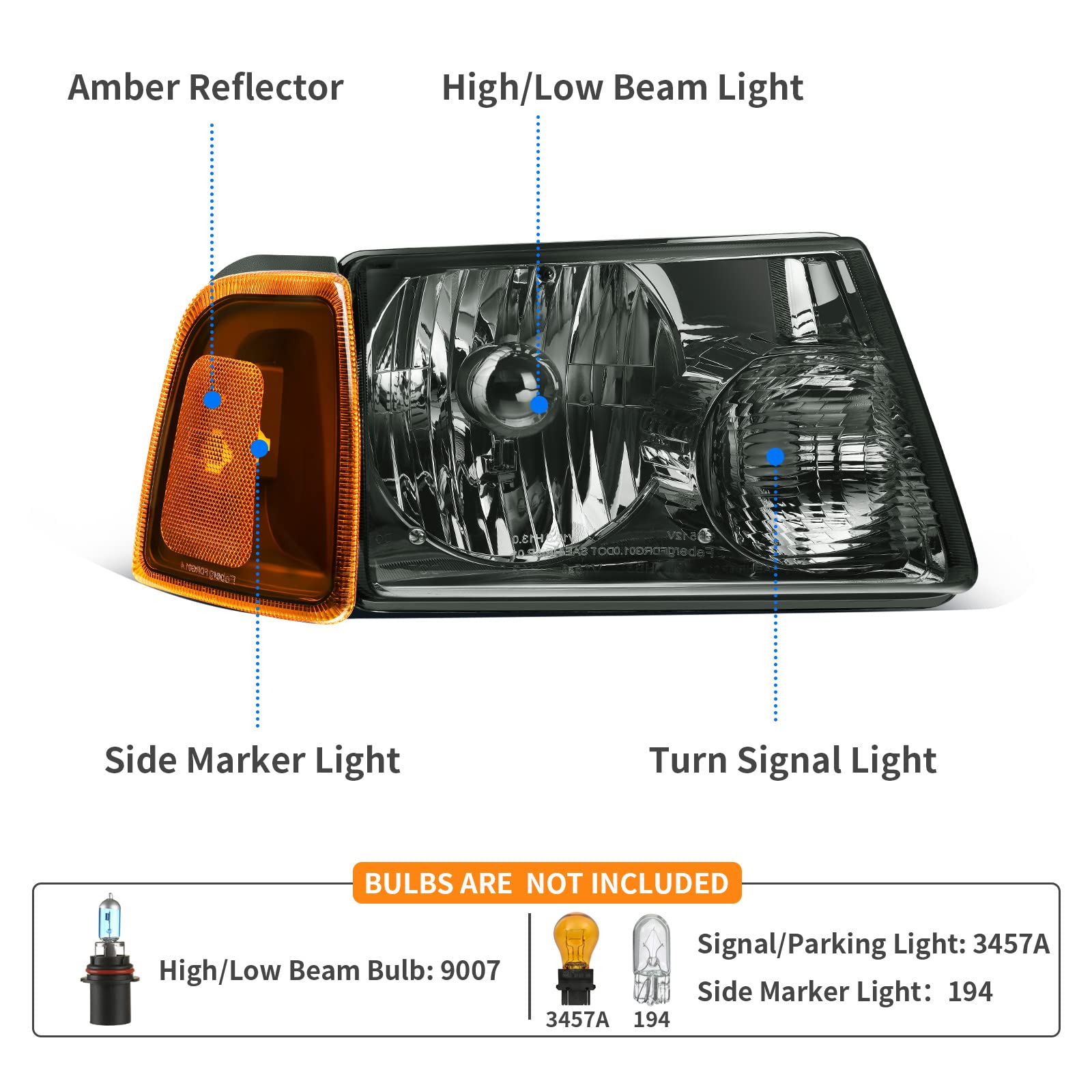 DWVO Smoke Housing Headlight & Tail Light Assembly Combo for 2001-2005 Ford Ranger - Replacement Headlights with Smoke Lens Taillights - Perfect for Off-Roading, Night Driving & Vehicle Customization