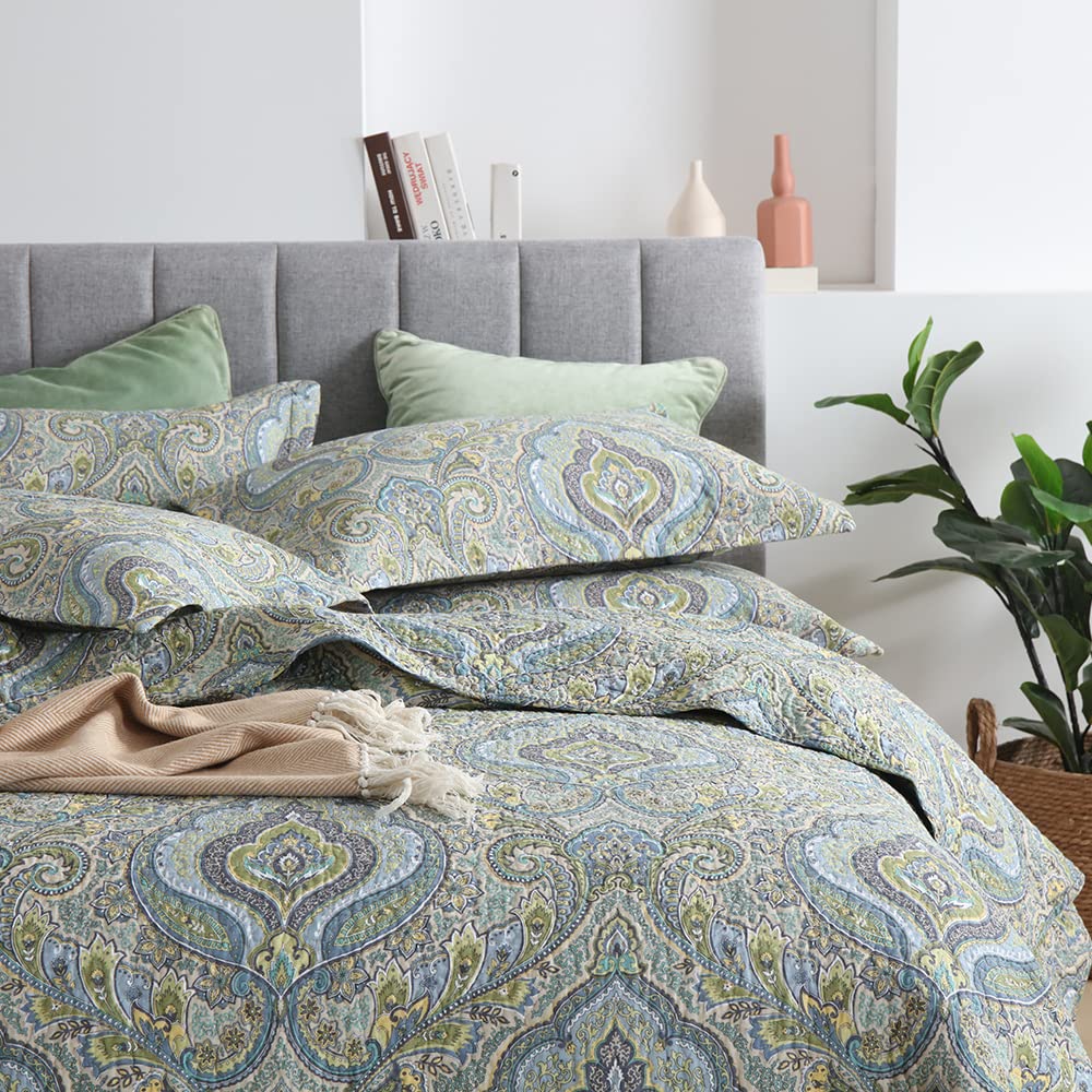 Autumn Dream Cotton Bedspread Quilt Set - 3 Piece Reversible Comforter Coverlet Set with Classic Damask Paisley Design, Queen Size - Perfect for Fall Bedroom Decor & Cozy Seasonal Home Styling