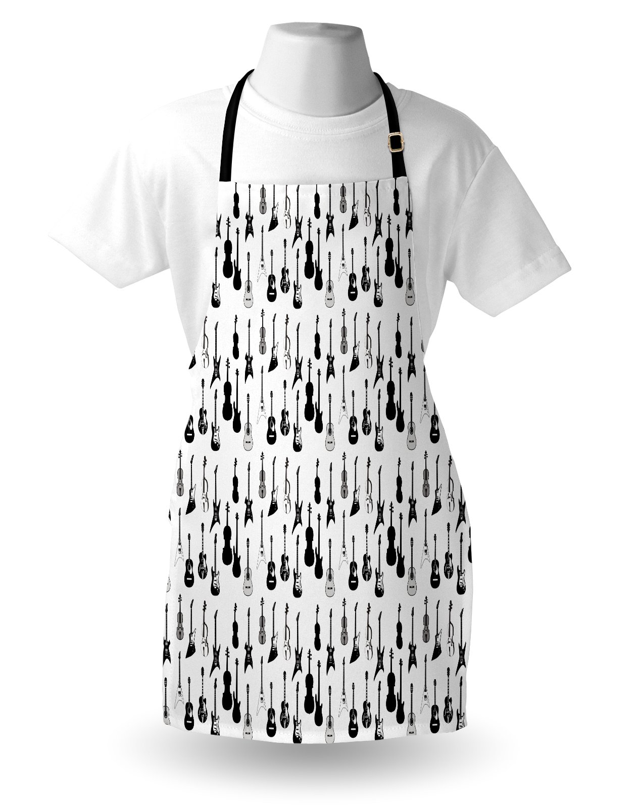 Ambesonne Music Themed Apron - Monochrome Guitar, Cello, Violin Print - Adjustable Unisex Kitchen Bib for Cooking, Baking, Gardening - Black, White & Grey - Perfect for Musicians, Chefs & Music Lovers