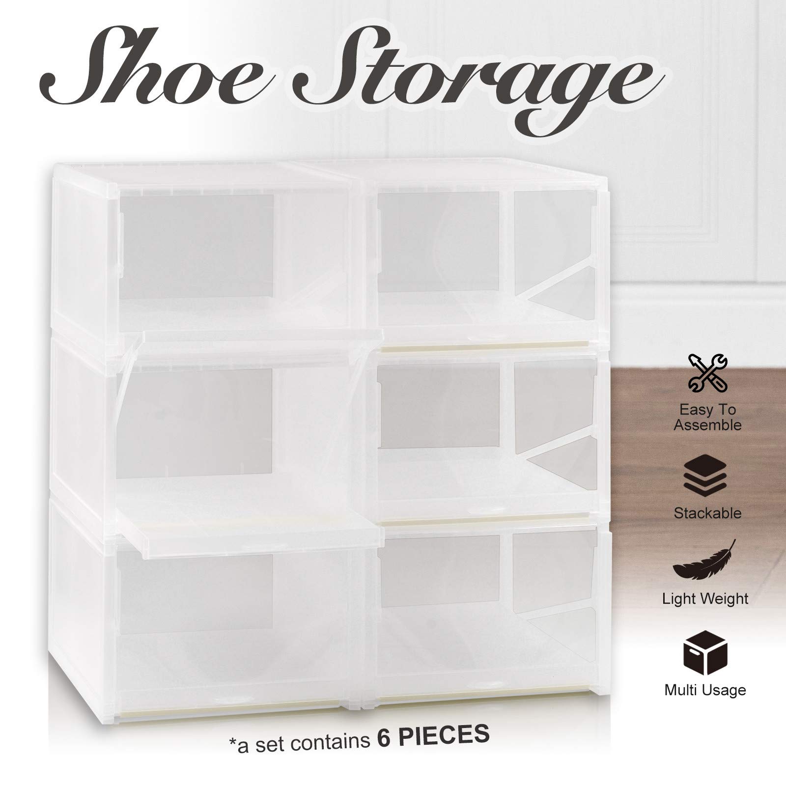6-Pack Stackable Clear Plastic Shoe Storage Boxes with Push-Pull Drawers & 120° Lids - Transparent Shoe Organizer for Closet, Entryway, Sneaker Cabinet - Perfect for Home, Dorm, Office & Travel Shoe Organization