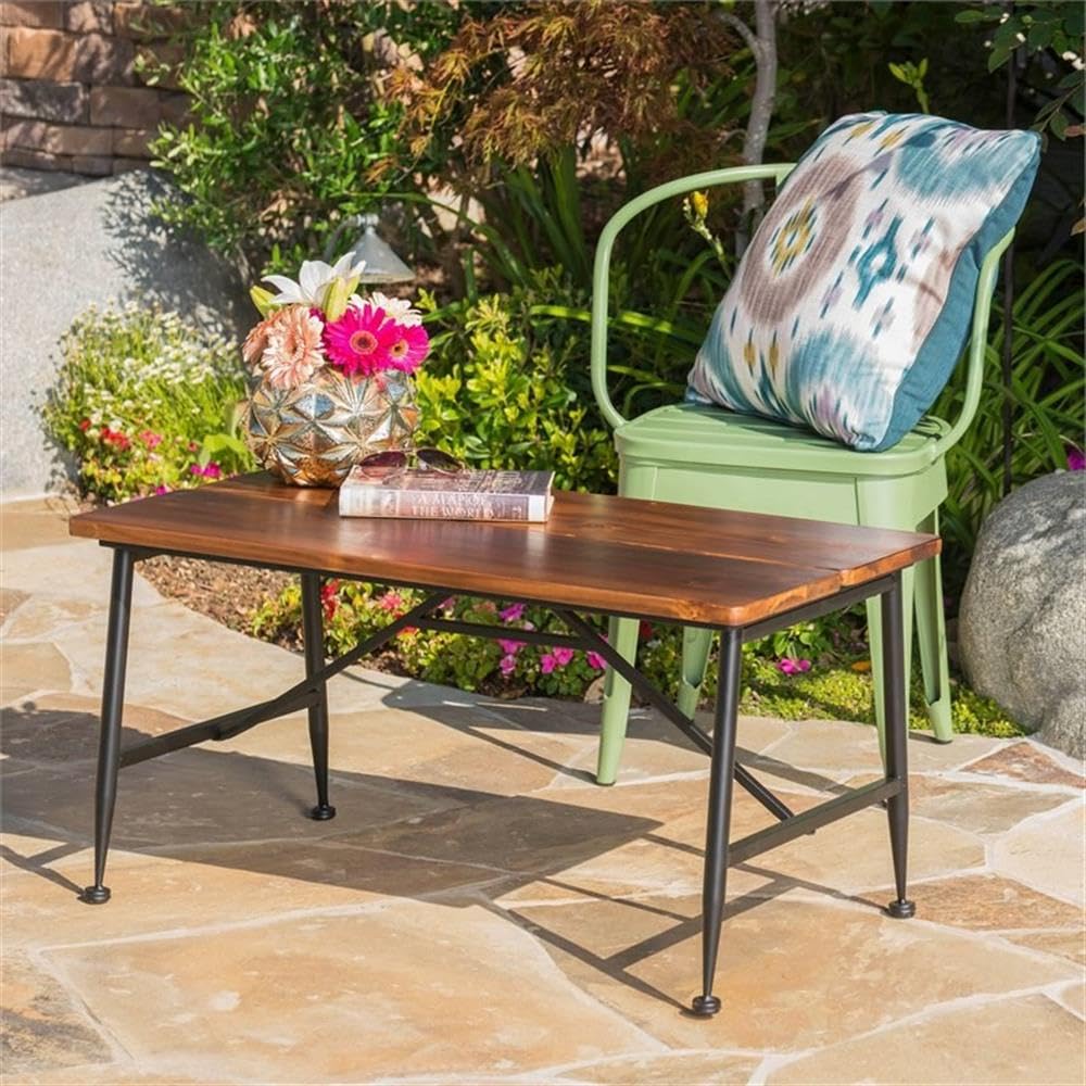 Noble House Ocala Outdoor Acacia Wood and Iron Coffee Table - Weather-Resistant Brown/Black Patio Furniture for Garden, Deck, or Poolside Use